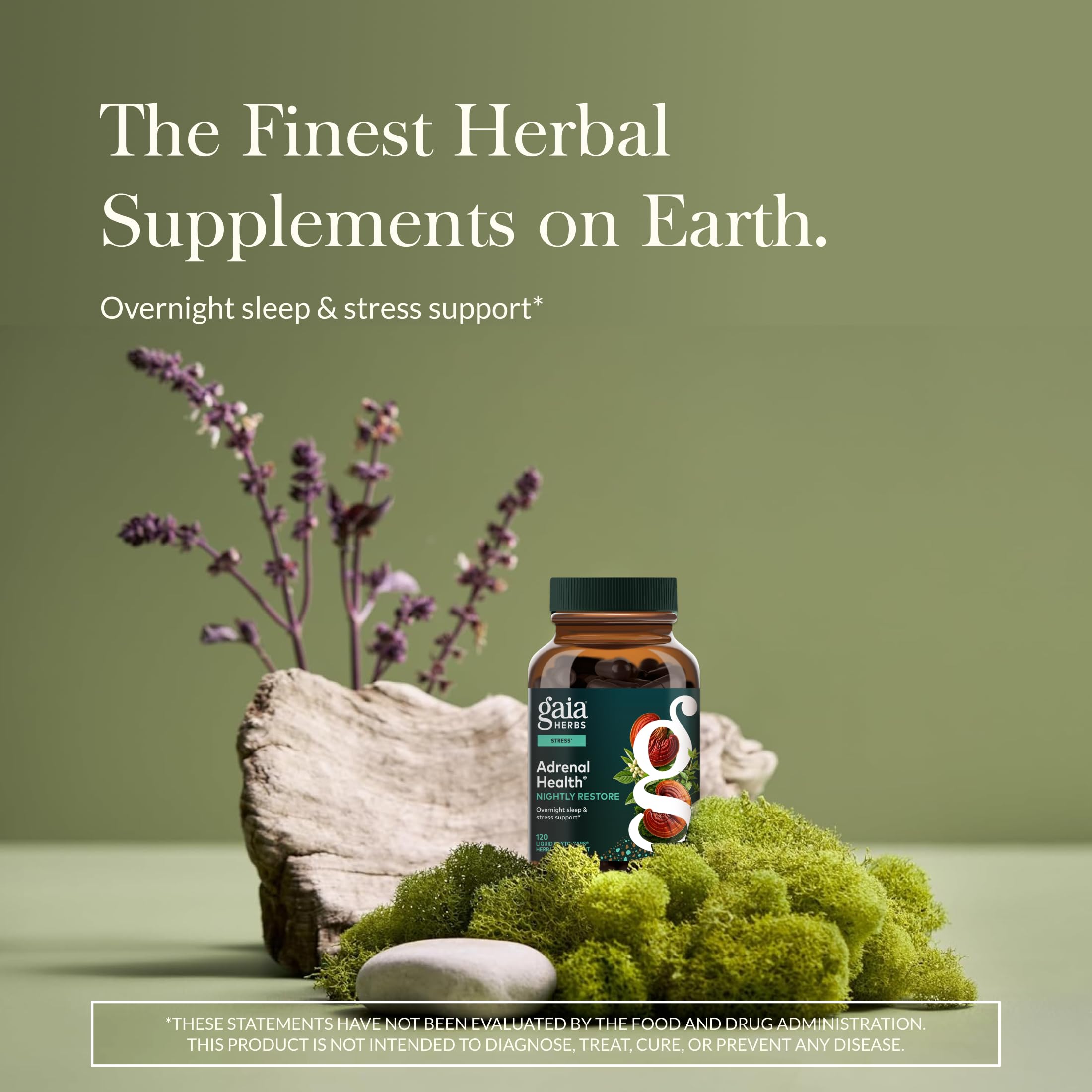 Étiquette Gaia Herbs affichant les ingrédients adaptogènes et leur usage.
