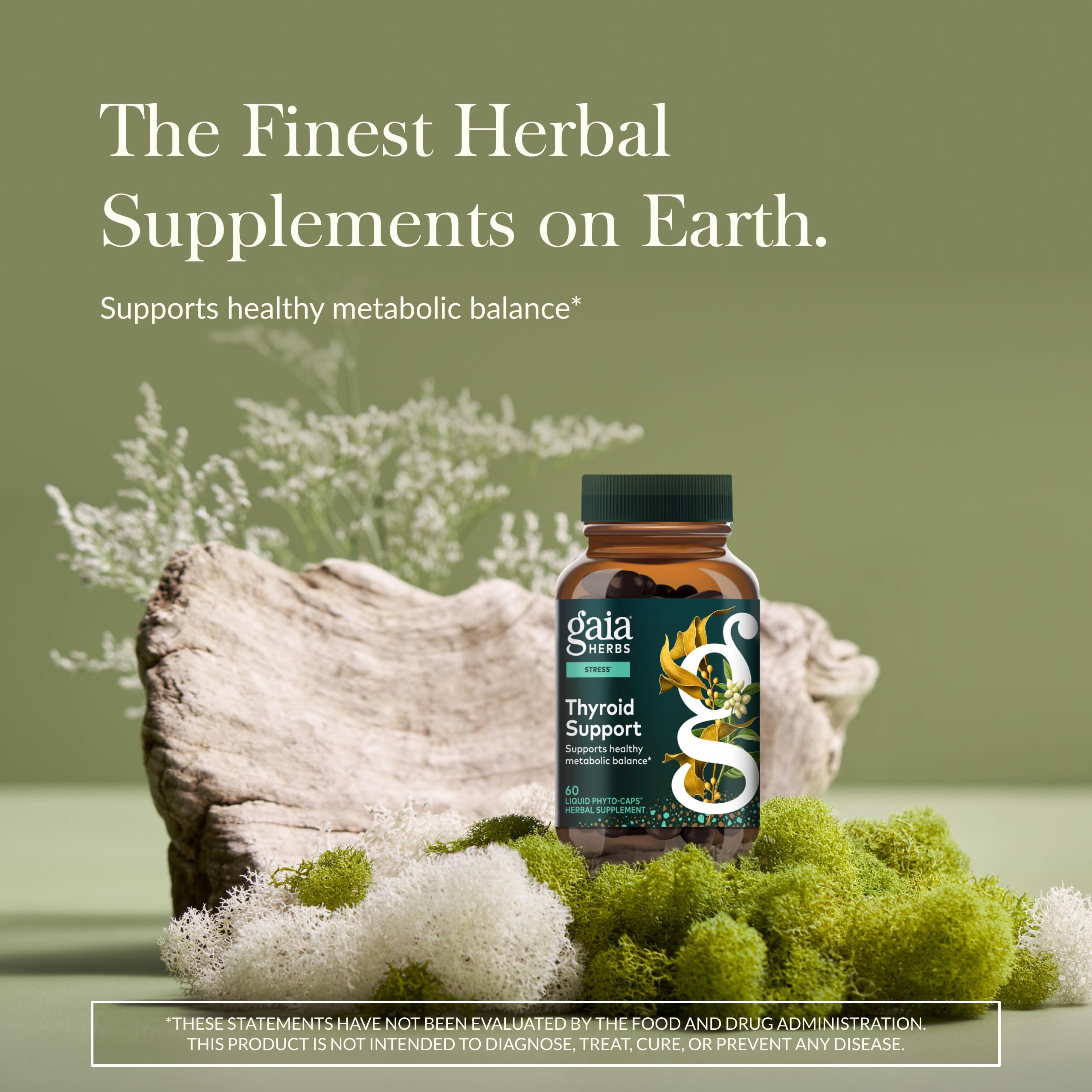 Gaia Herbs Soutien Thyroïde – bouteille ouverte, démonstration du compte-gouttes et étiquette