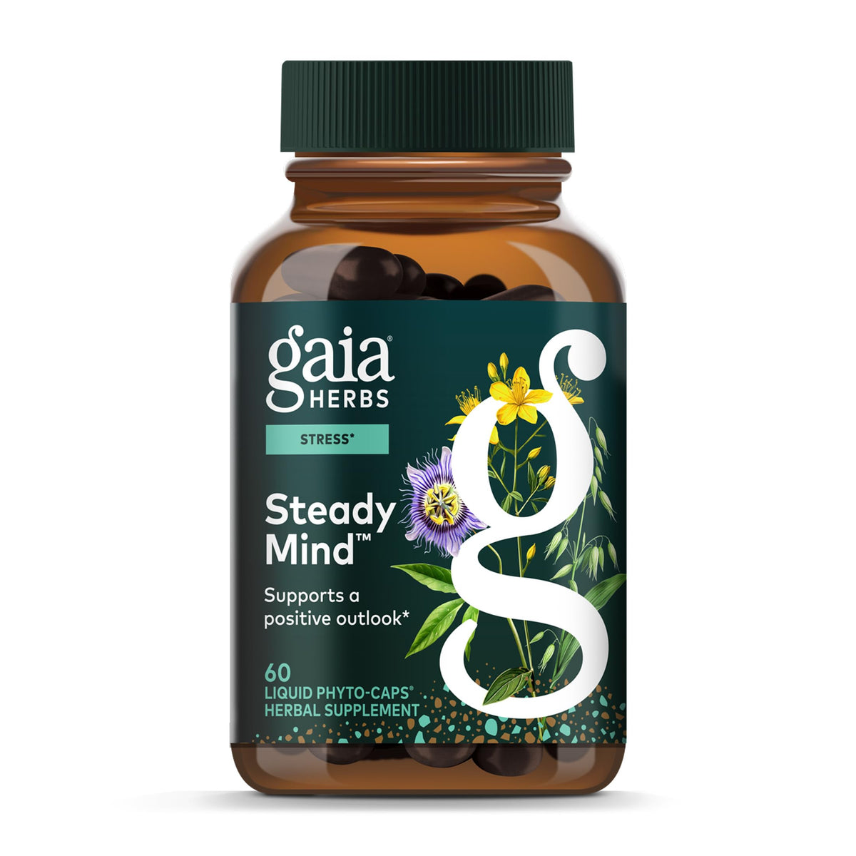 Gaia Herbs Steady Mind — bouteille visible pour un état d’esprit plus serein.