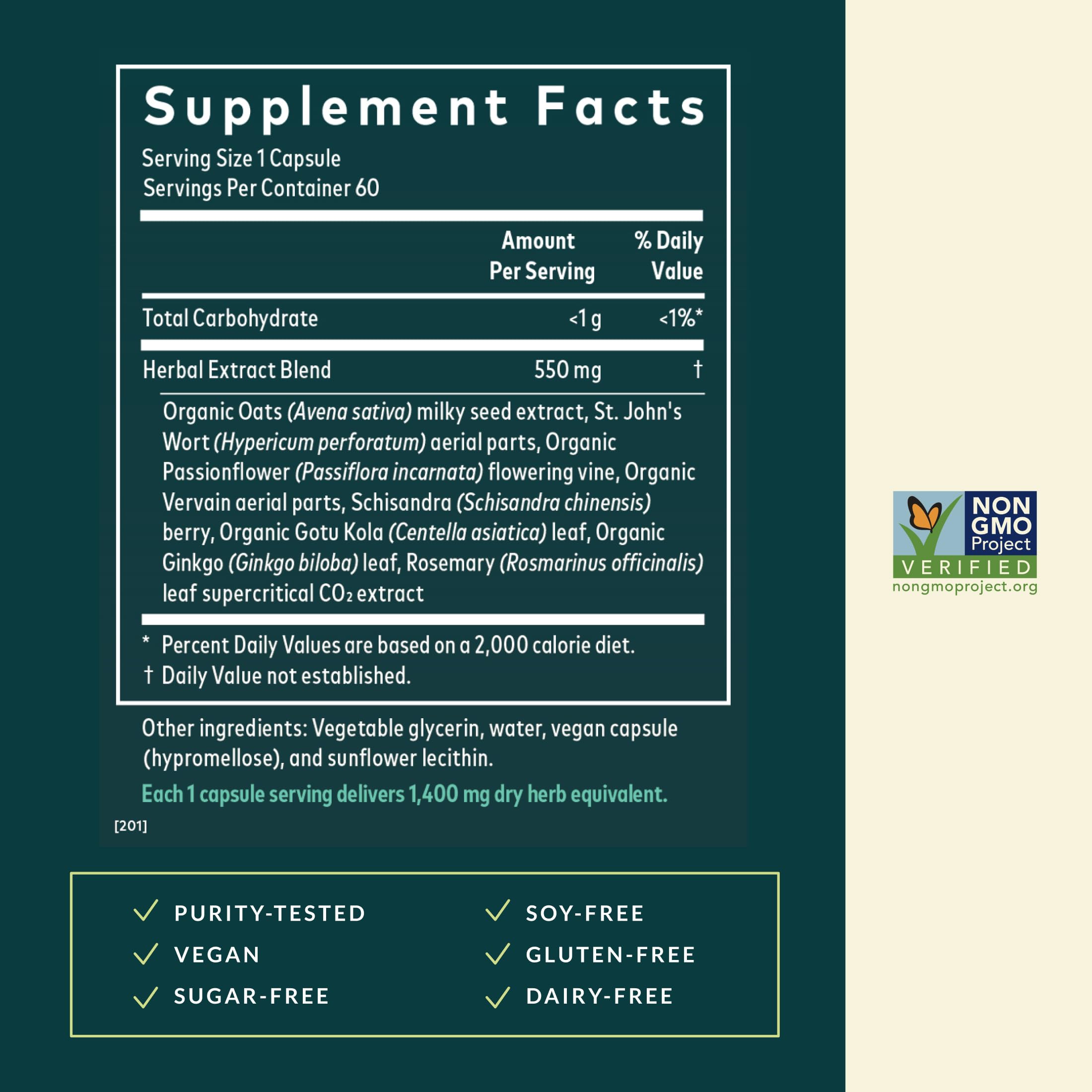 Gaia Herbs Steady Mind — étiquette claire témoignant de la traçabilité et de la qualité.