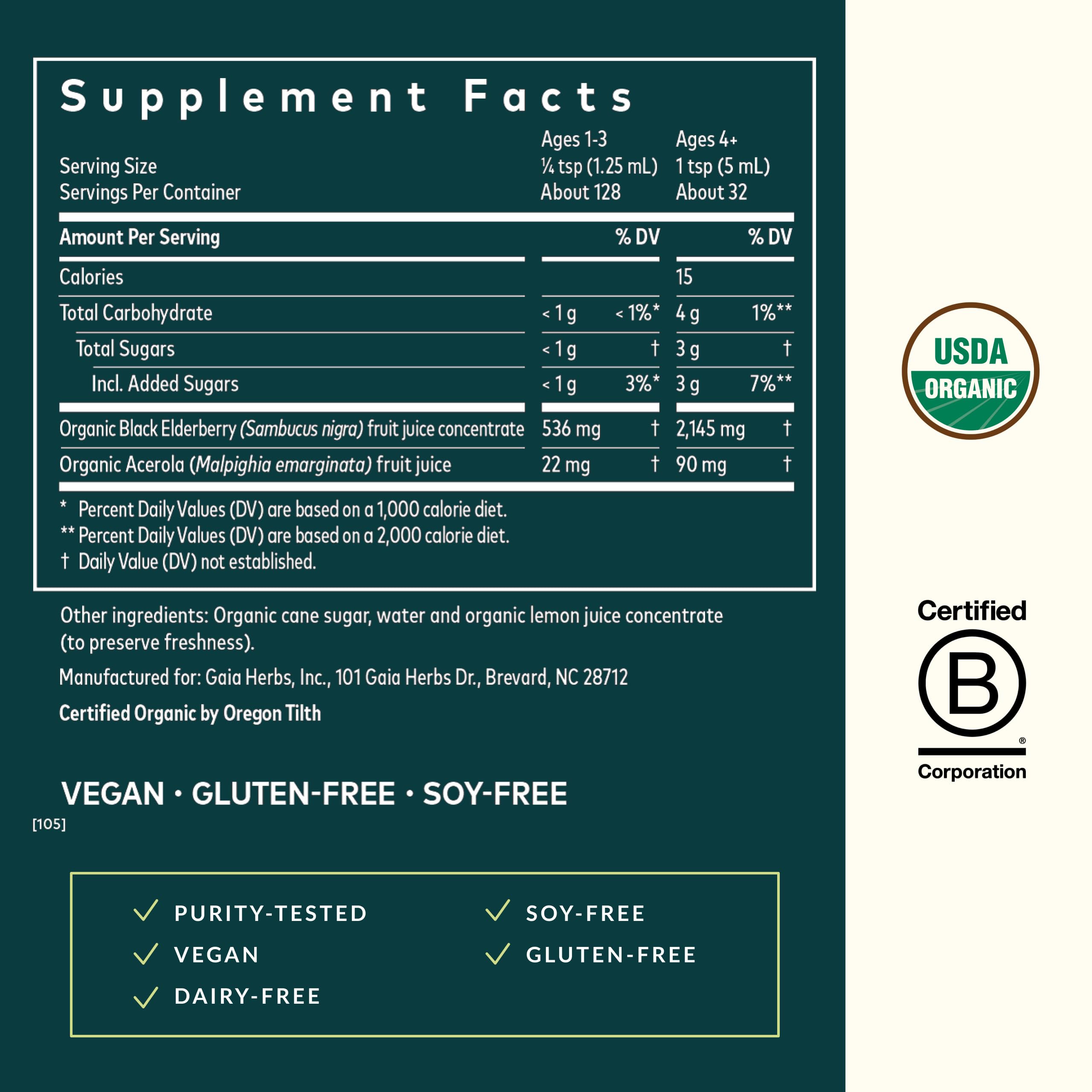 Étiquette Gaia Herbs Sureau Noir avec certification biologique USDA.