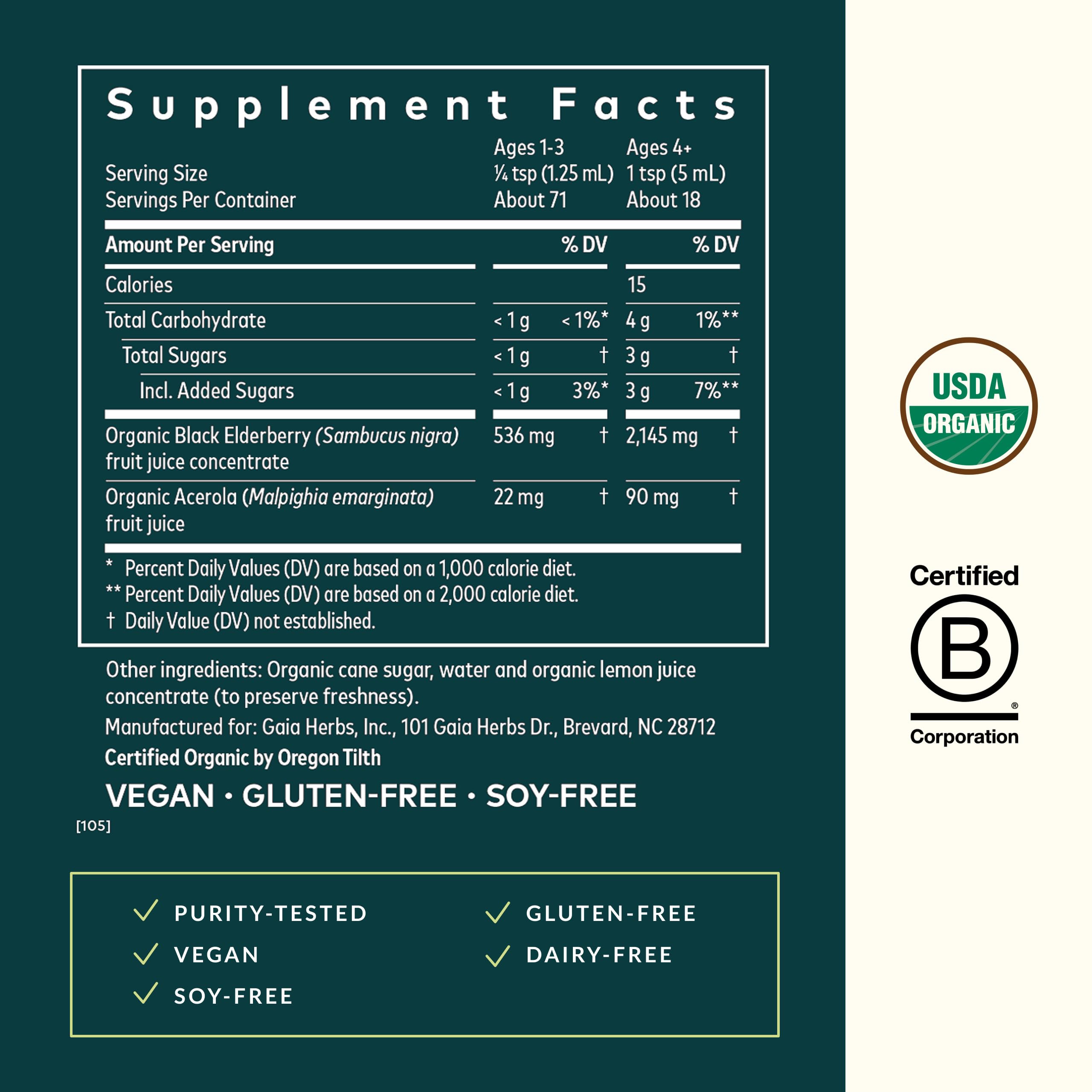 Ingrédients biologiques du Sureau Noir Gaia Herbs, fruits concentrés et arôme naturel