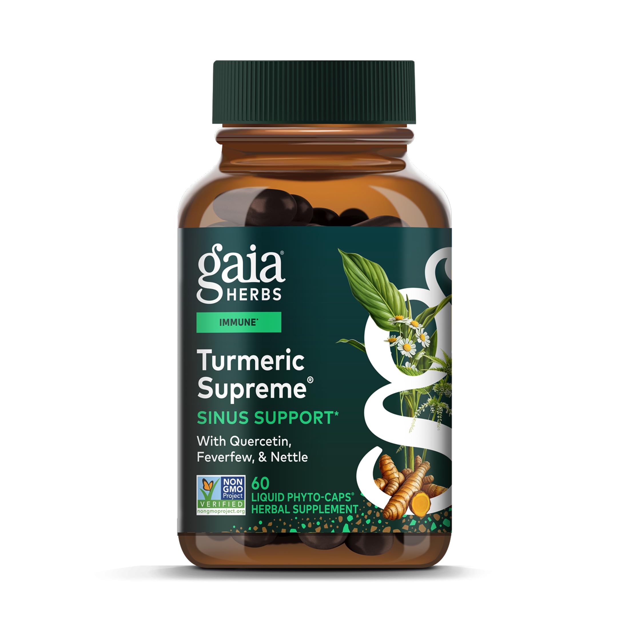 Gaia Herbs Turmeric Supreme Sinus Soutien, bouteille: soutien potentiel pour une respiration plus facile.