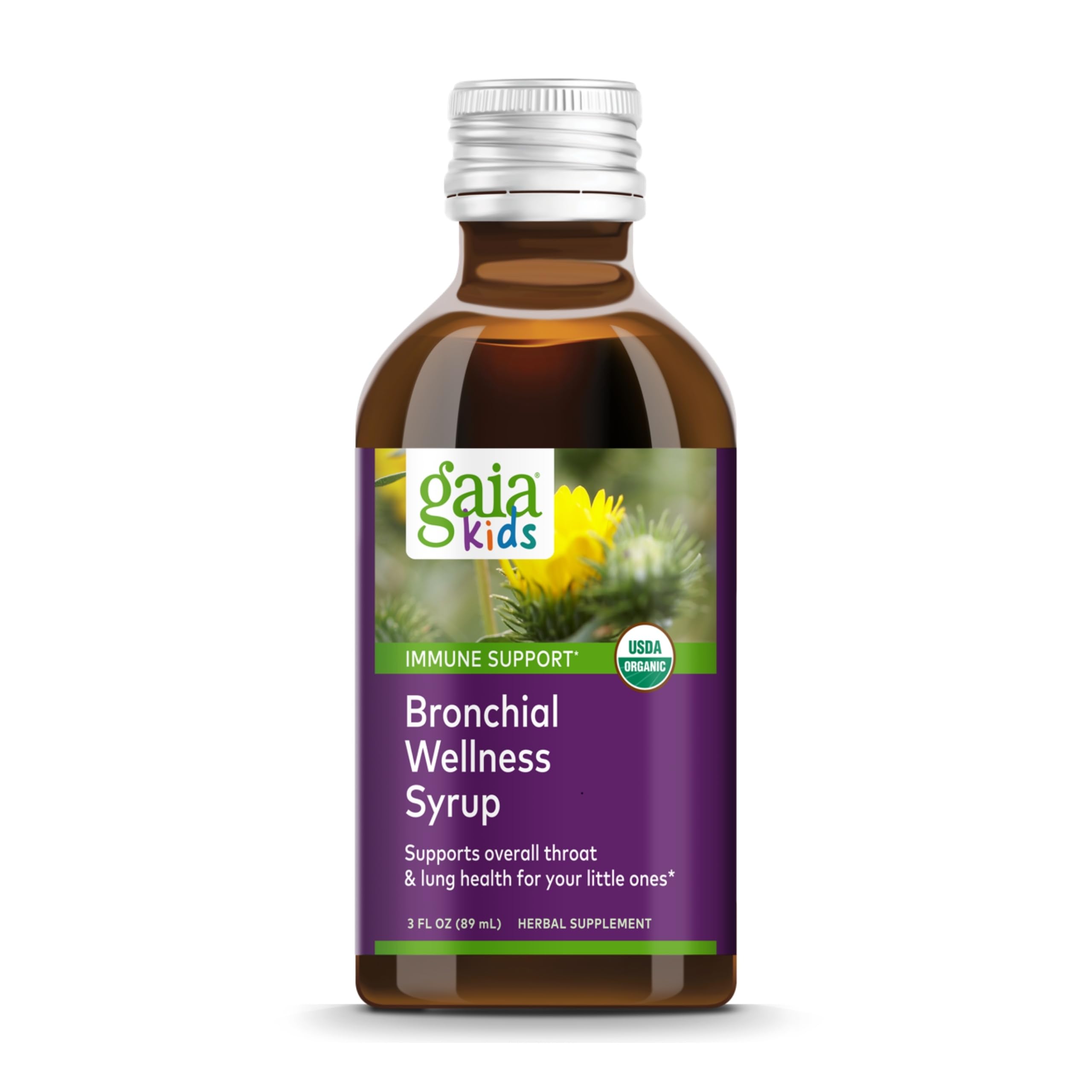 Gaia Kids Bronchial Wellness sirop bouteille: soutien doux pour gorge et poumons des enfants.