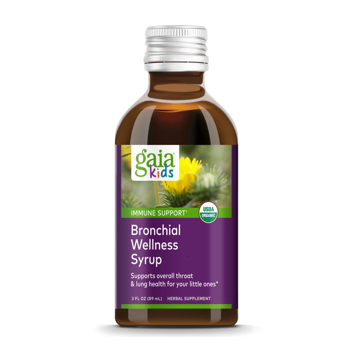Gaia Kids Bronchial Wellness sirop bouteille: soutien doux pour gorge et poumons des enfants.
