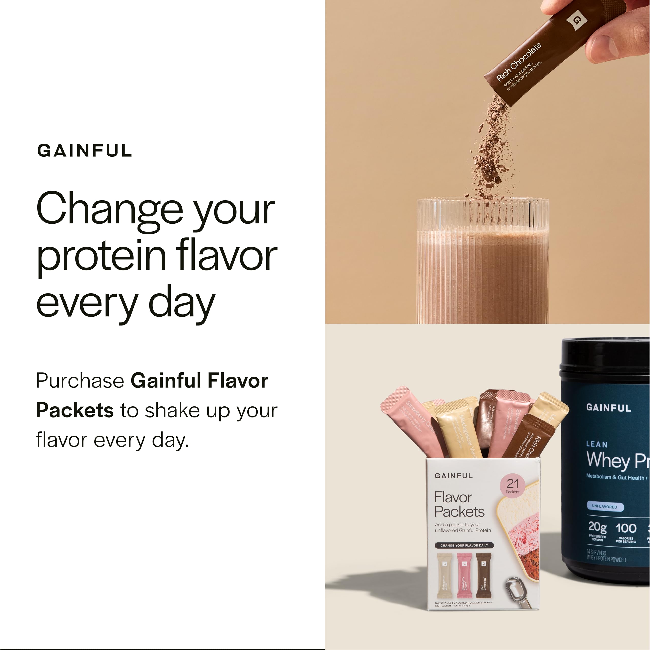 Gainful Poudre Whey Performance base non aromatisée, personnalisable avec les sachets Saveur.