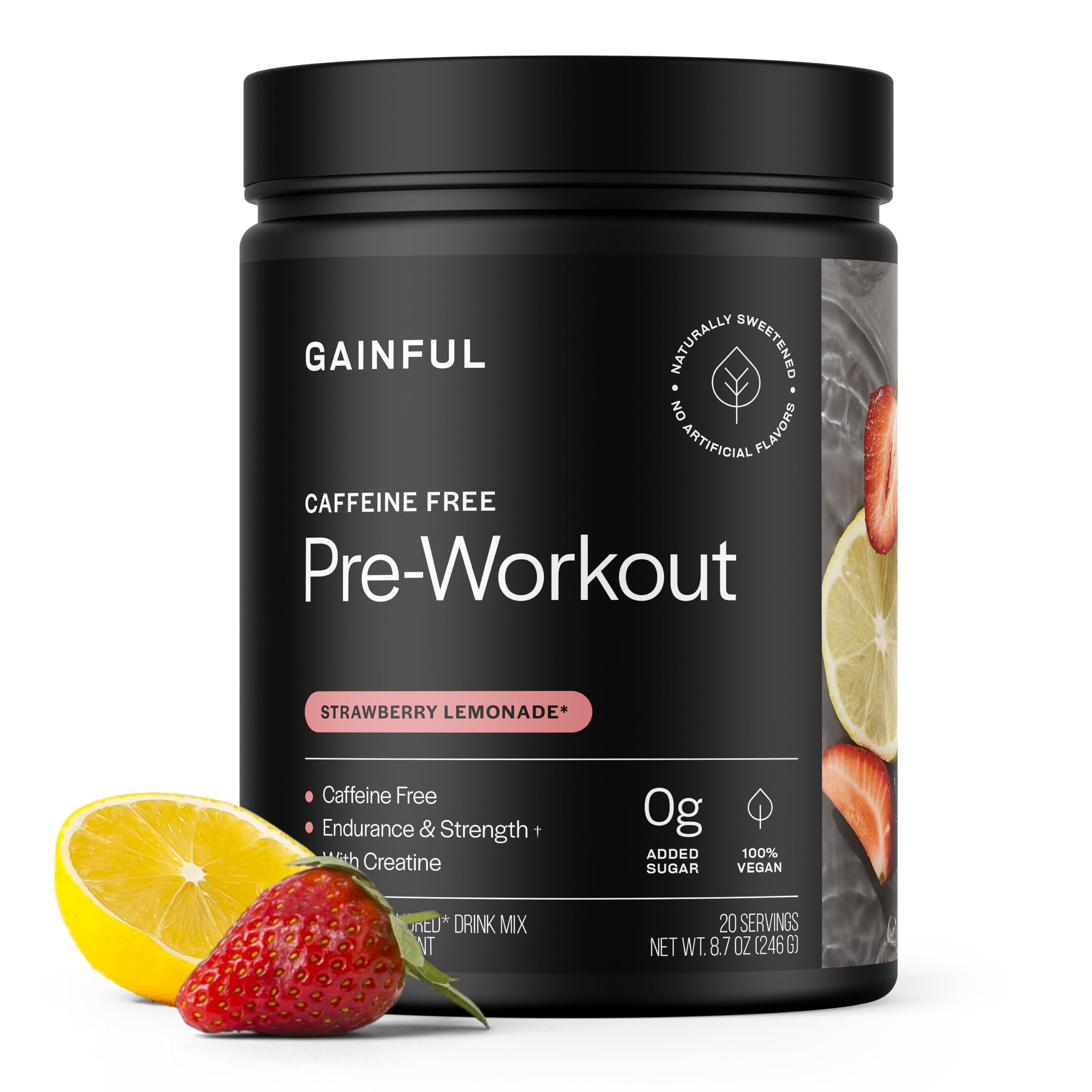 Gainful pré-workout: bouteille affichant énergie durable sans caféine pour entraînements nocturnes.