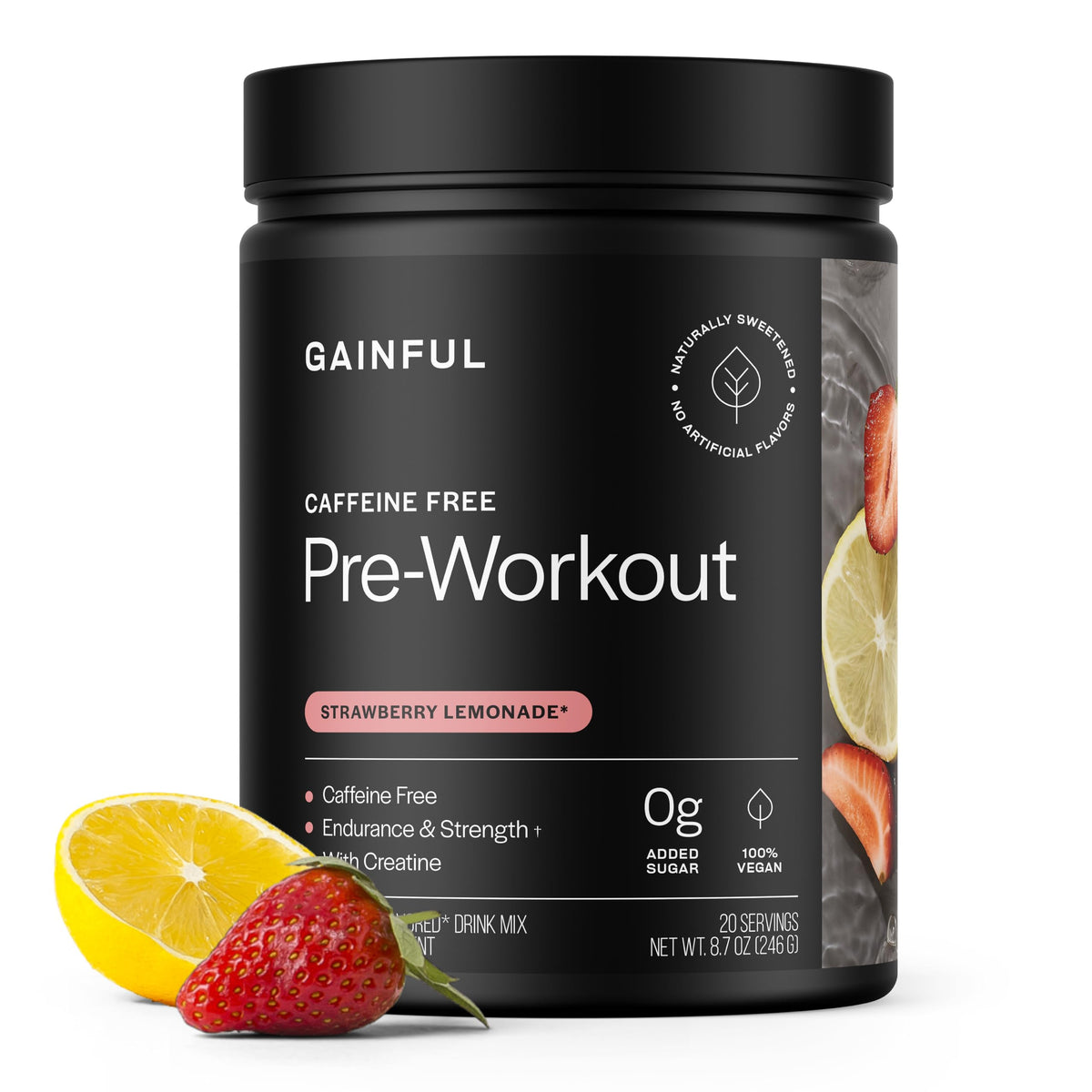 Gainful pré-workout: bouteille affichant énergie durable sans caféine pour entraînements nocturnes.