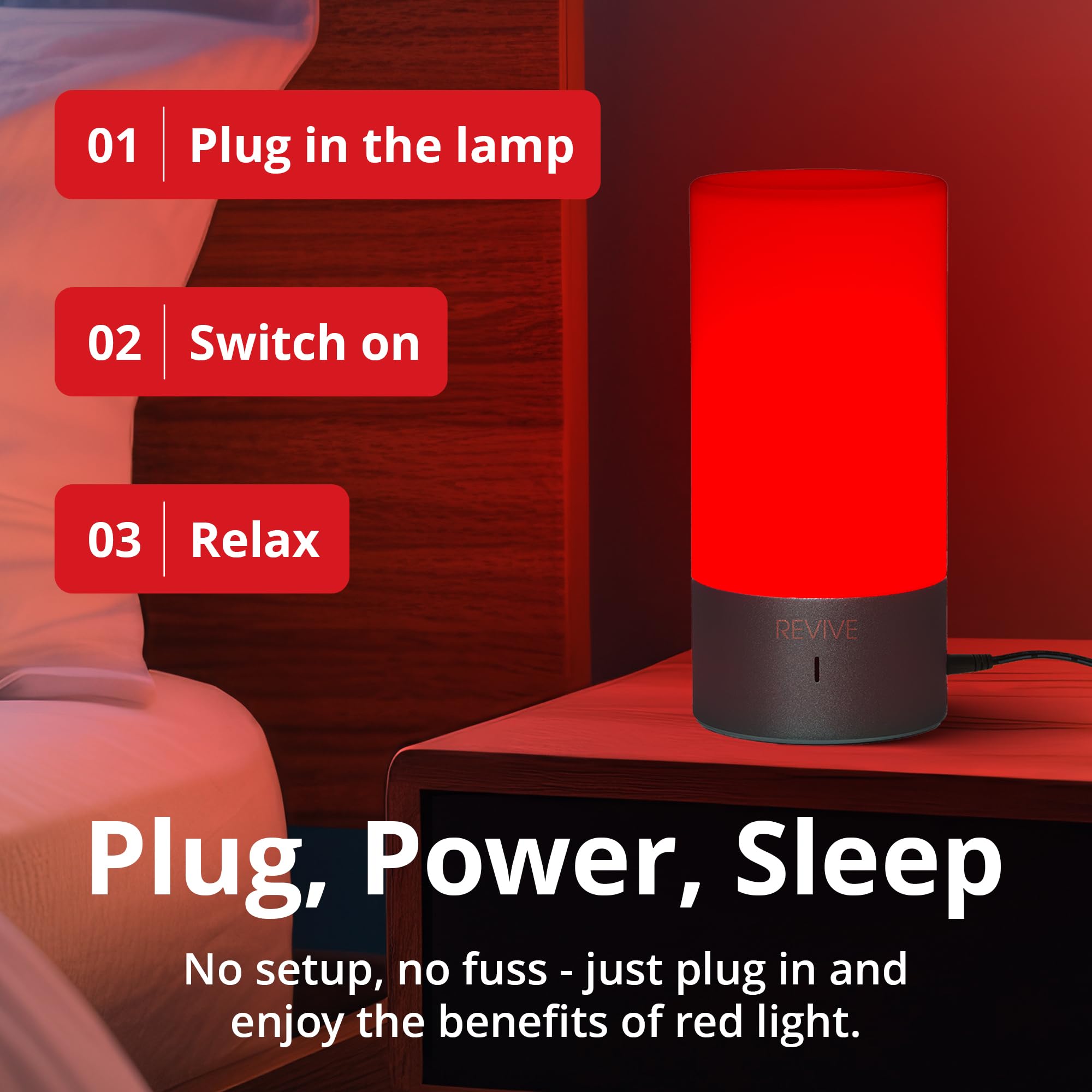 Revive 670nm, lumière rouge douce pour une routine nocturne.