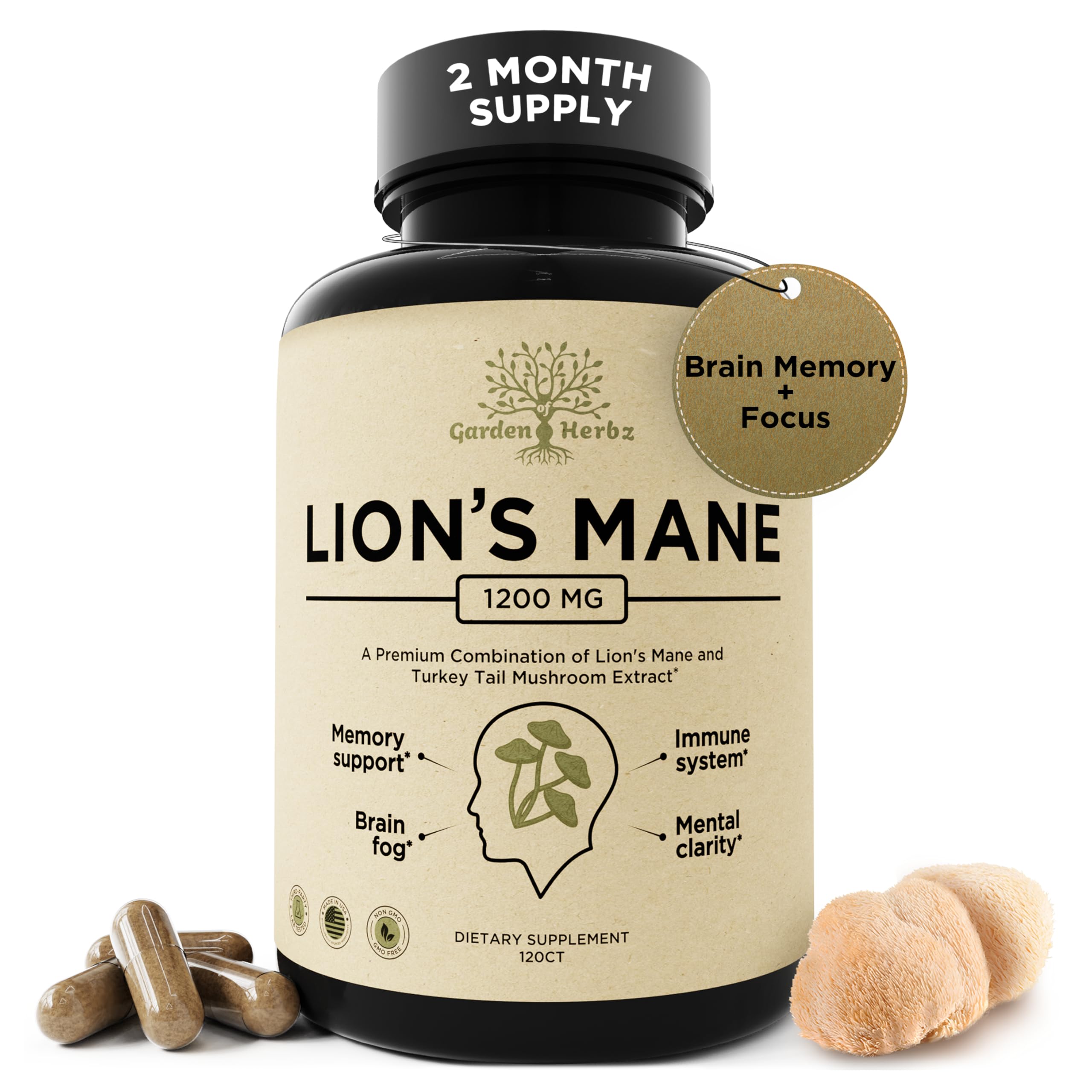 Garden of Herbz Lion’s Mane Turkey Tail en capsules, pratique pour le bien‑être quotidien.