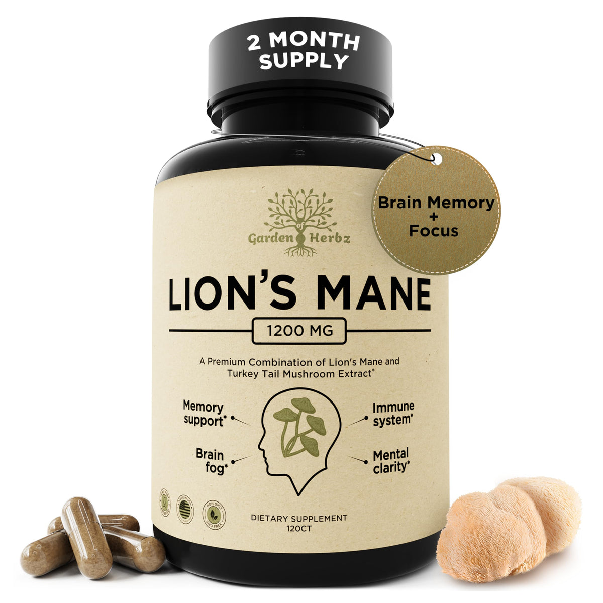 Garden of Herbz Lion’s Mane Turkey Tail en capsules, pratique pour le bien‑être quotidien.