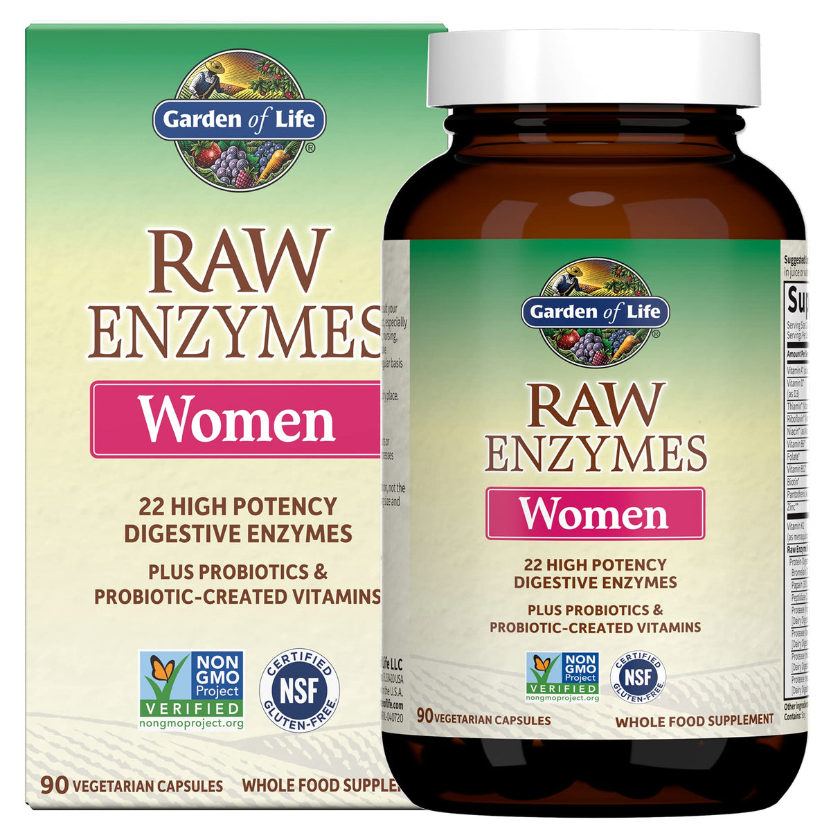 Garden of Life RAW Enzymes pour Femmes – bouteille présentant la formule complète pour la digestion.