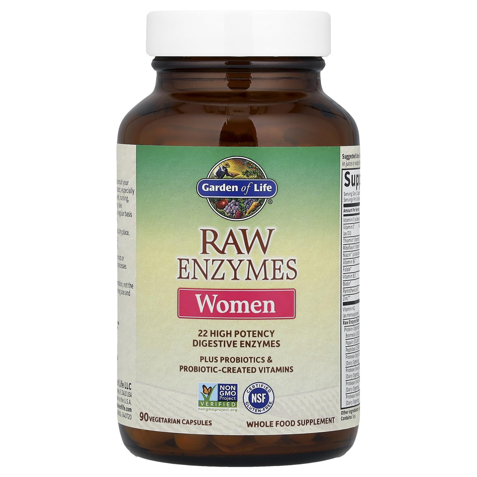 Garden of Life RAW Enzymes pour Femmes – gélules faciles à avaler et compatibles avec un mode de vie végétarien.