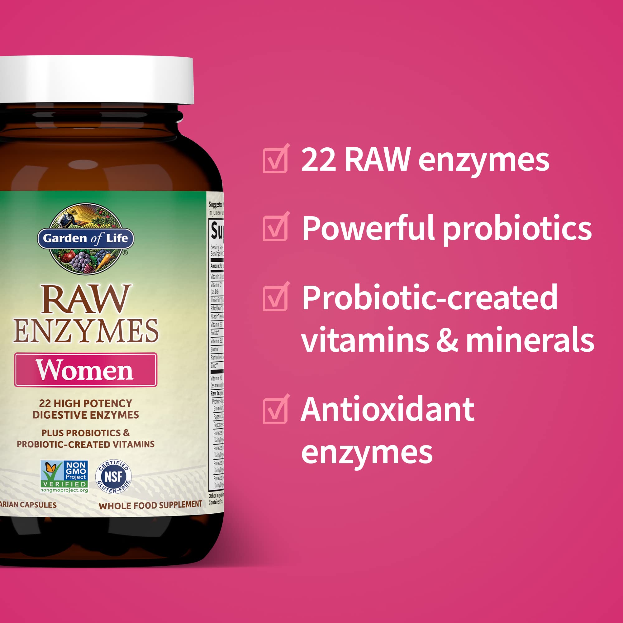 Garden of Life RAW Enzymes pour Femmes – probiotiques inclus soutenant l’équilibre intestinal.
