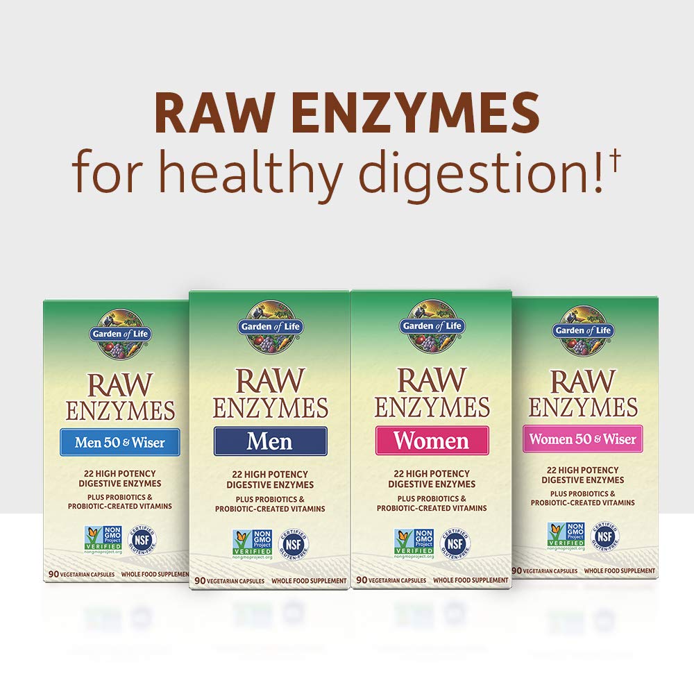 Garden of Life RAW Enzymes – fabriqué aux États‑Unis, sans gluten et vegan.