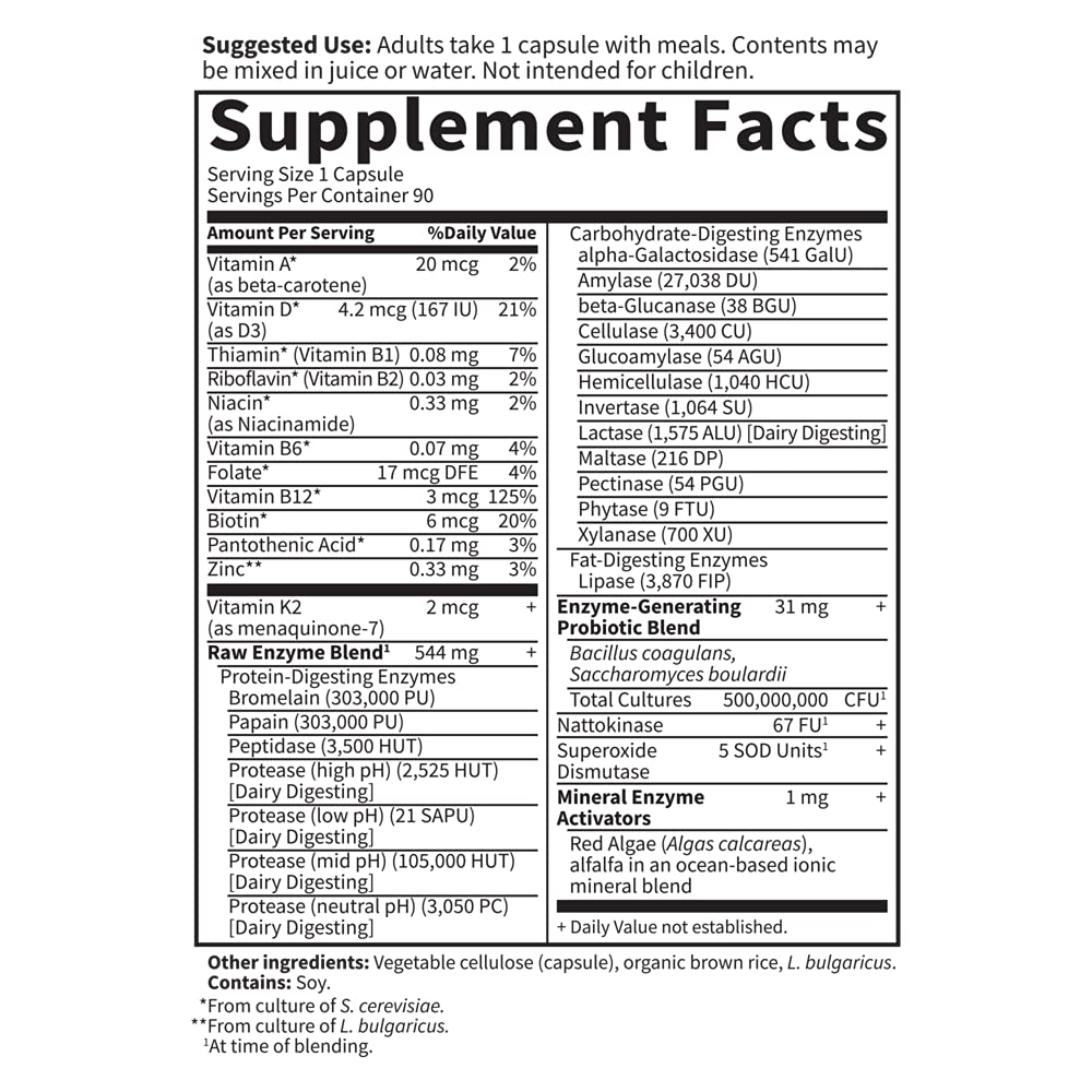 Garden of Life RAW Enzymes – vitamine B12, biotine et zinc pour un complément nutritionnel végétarien.