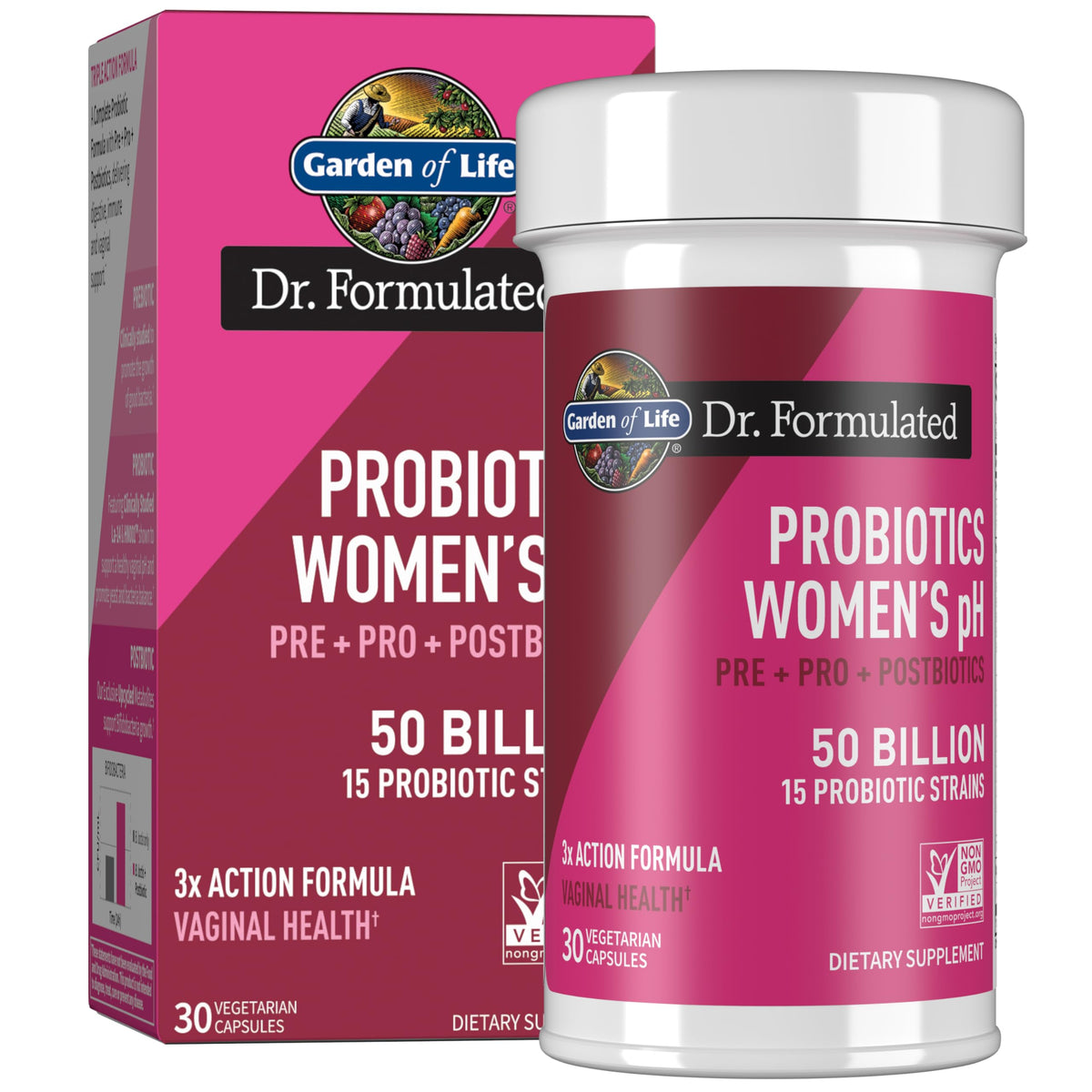 Garden of Life, bouteille de probiotiques pour femmes, soutien digestif et immunitaire.