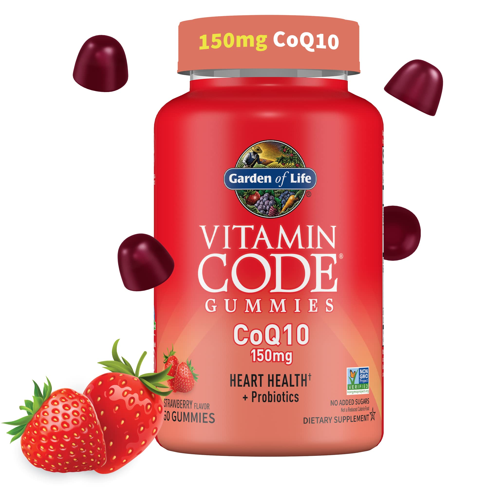 Gomme CoQ10 fraise Garden of Life en bouteille, soutien énergie et cœur.