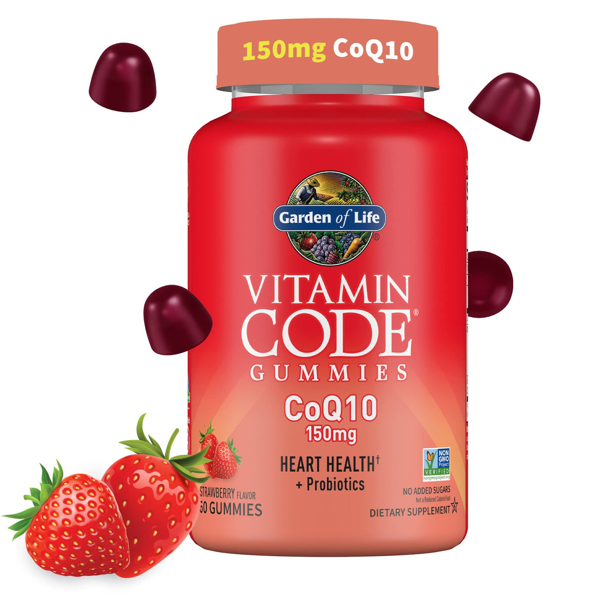 Gomme CoQ10 fraise Garden of Life en bouteille, soutien énergie et cœur.