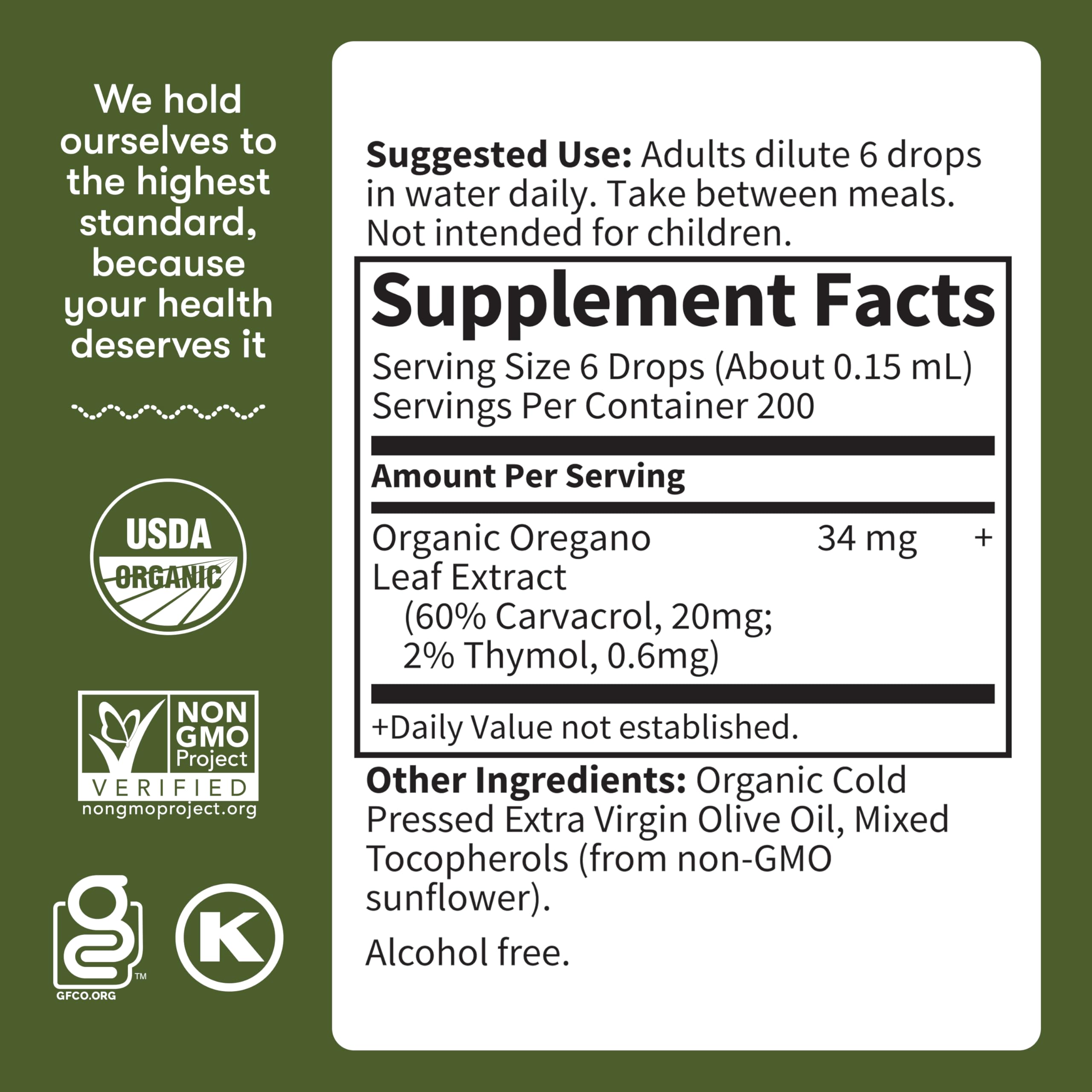 Garden of Life huile d'origan certifications USDA non-OGM végan sans gluten kasher