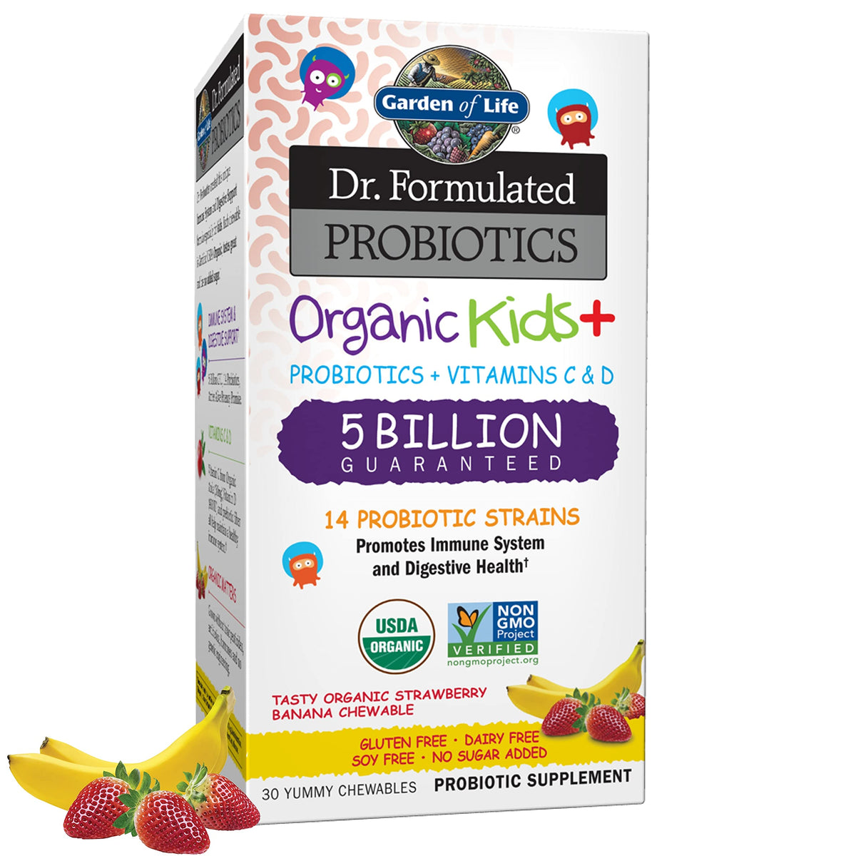 Garden of Life Kids+ Probiotiques emballage saveur fraise-banane, soutien digestif potentiel pour enfants
