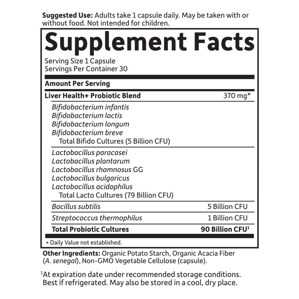 Garden of Life Liver Health+ tableau nutritionnel montrant les souches et les CFU garantis.