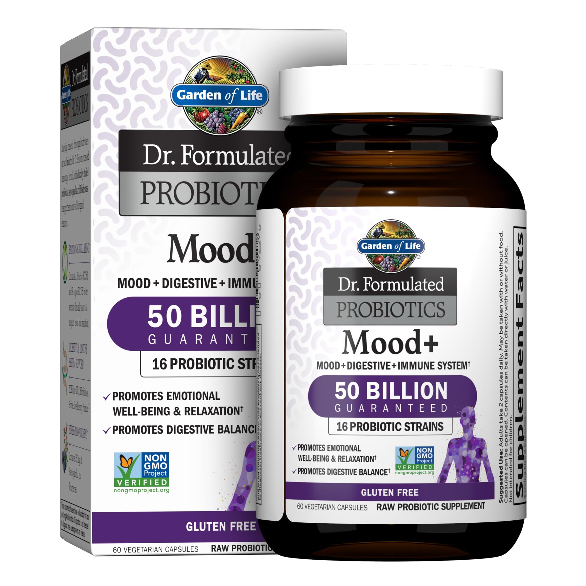 Mood+ Garden of Life : bouteille montrant 50 milliards CFU pour la digestion.