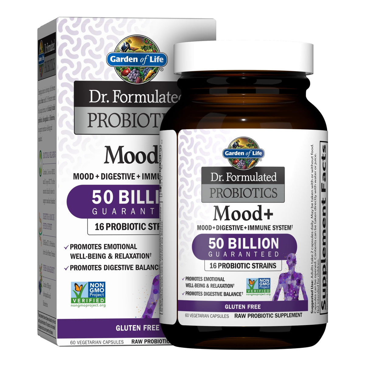 Mood+ Garden of Life : bouteille montrant 50 milliards CFU pour la digestion.