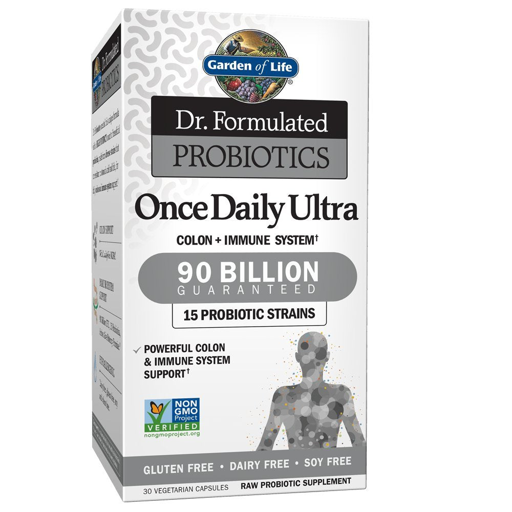 Garden of Life Once Daily Ultra – bouteille sur plan de travail, soutien digestif potentiel.