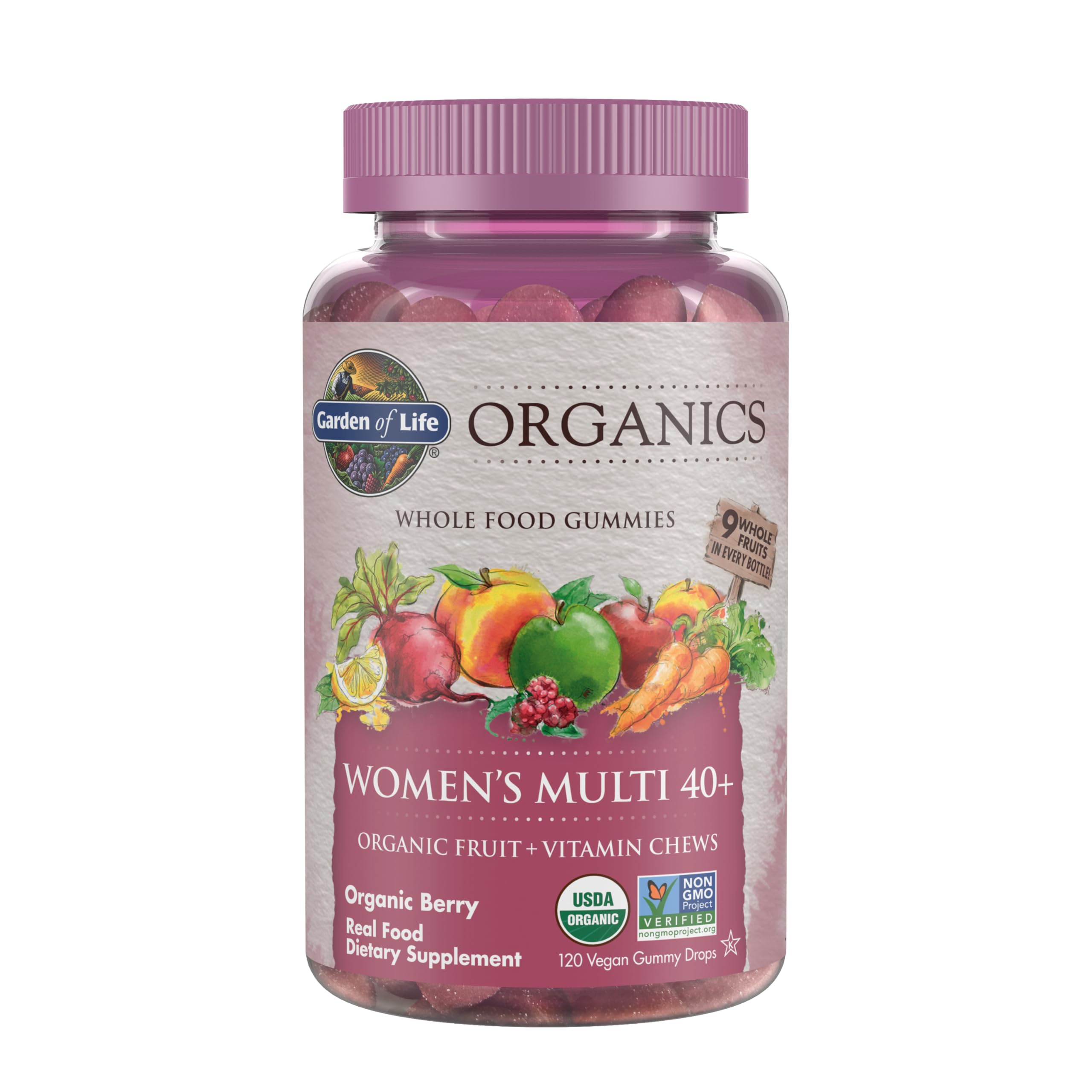 Garden of Life Organics Femmes 40+ Gommes – bouteille colorée et gommes goût baie, faciles à emporter.