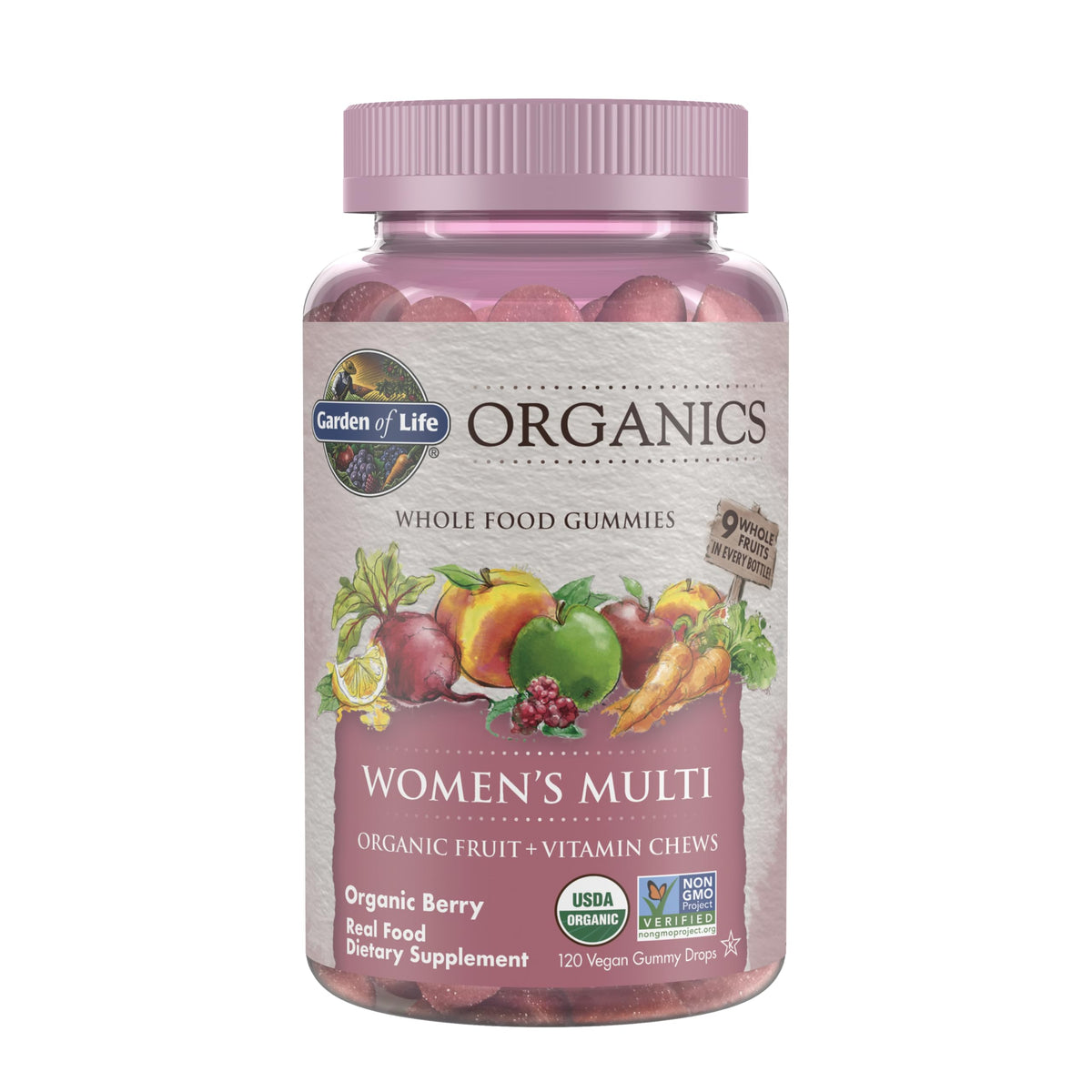 Gommes Garden of Life Organics pour femmes dans une bouteille, routine quotidienne.