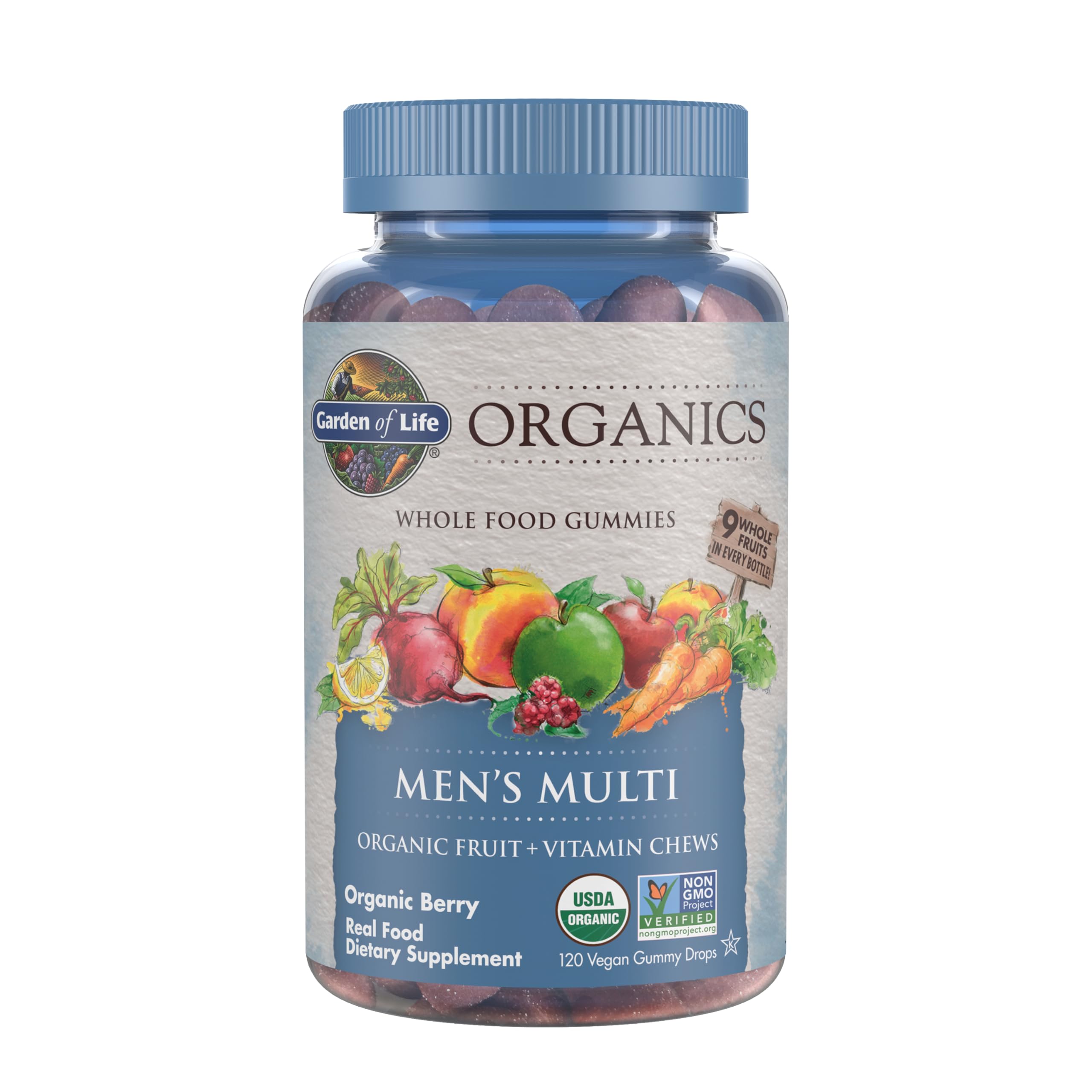 Bouteille Garden of Life Organics Hommes Multi Gummies au goût baies, complément quotidien pratique.