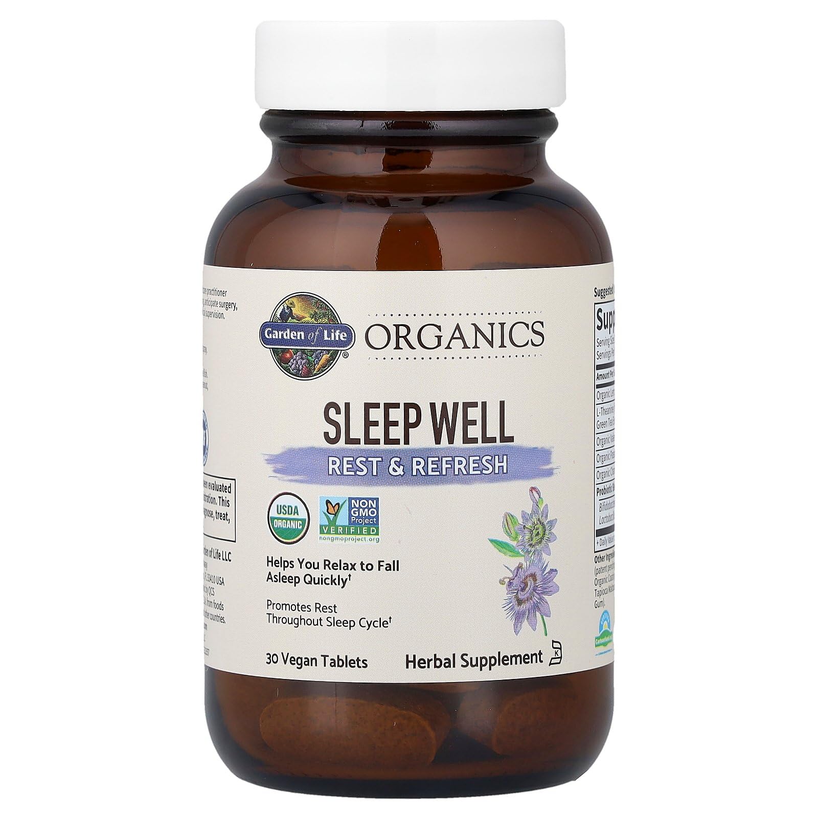 Garden of Life Sleep Well – étiquette nutritionnelle: ingrédients issus de l’agriculture biologique.