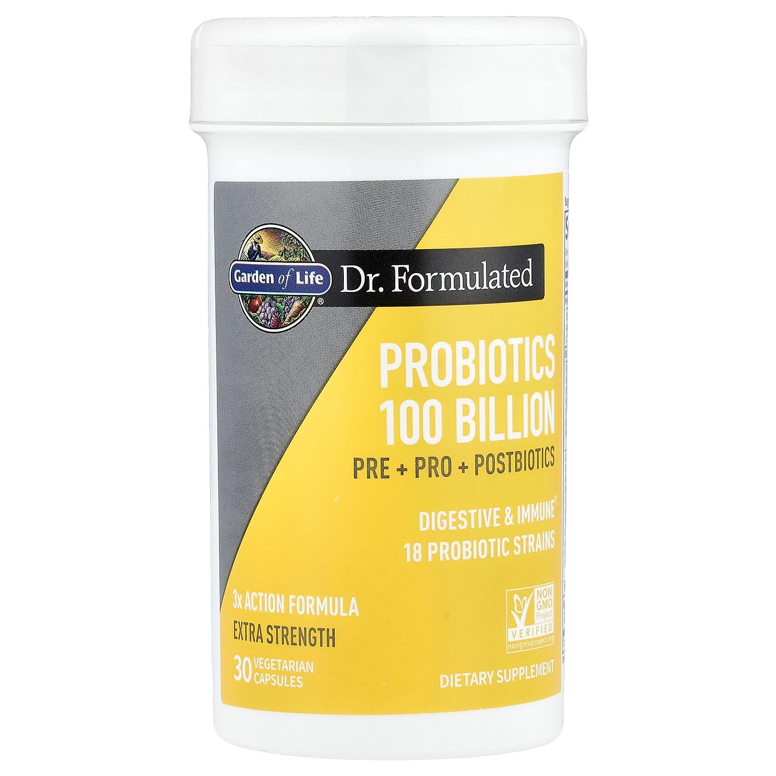 Garden of Life Dr. Formulated prébiotiques avec PreforPro et postbiotiques recyclés.