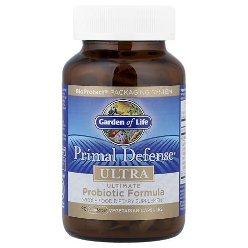 Garden of Life Primal Defense Ultra — étiquette claire montrant les souches probiotiques et leurs bénéfices potentiels.