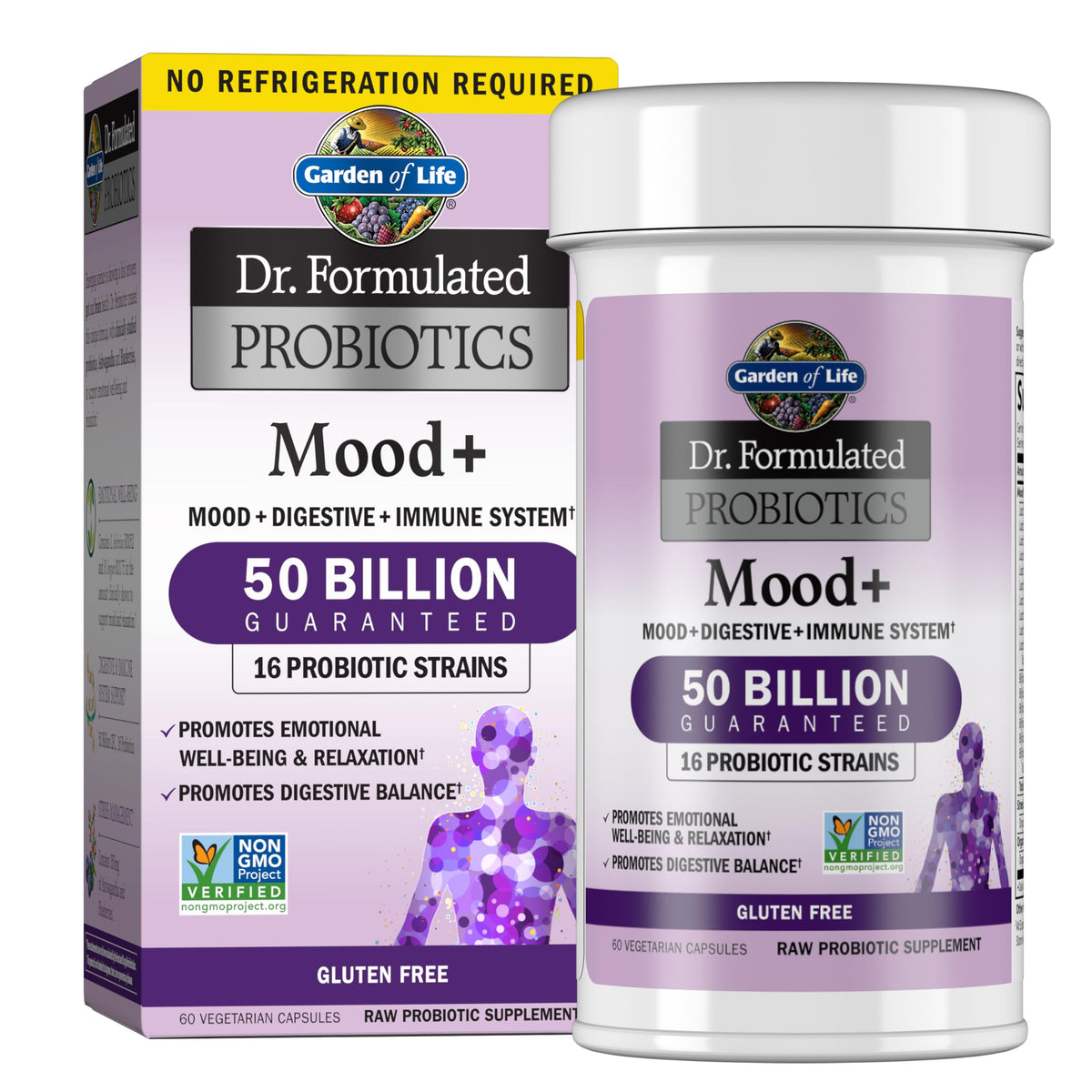 Garden of Life Mood+ Probiotiques flacon montrant le soutien éventuel de l'humeur et de la relaxation