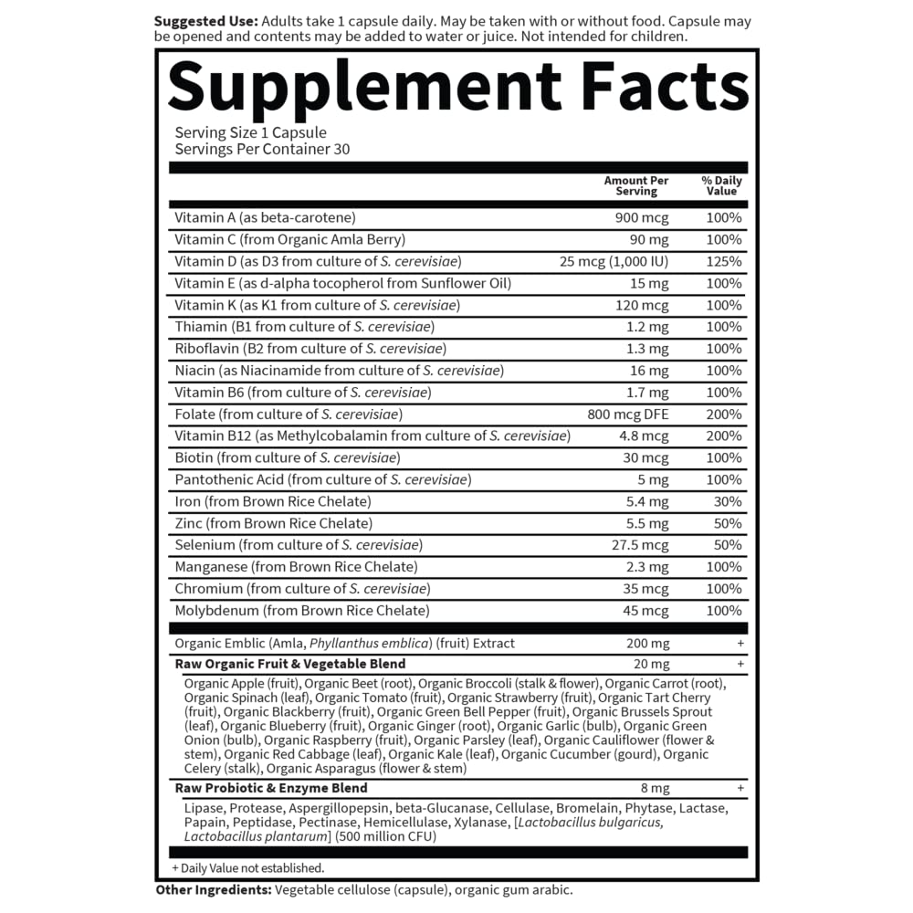 Ingrédients issus de fruits et légumes crus pour soutien antioxydant naturel.
