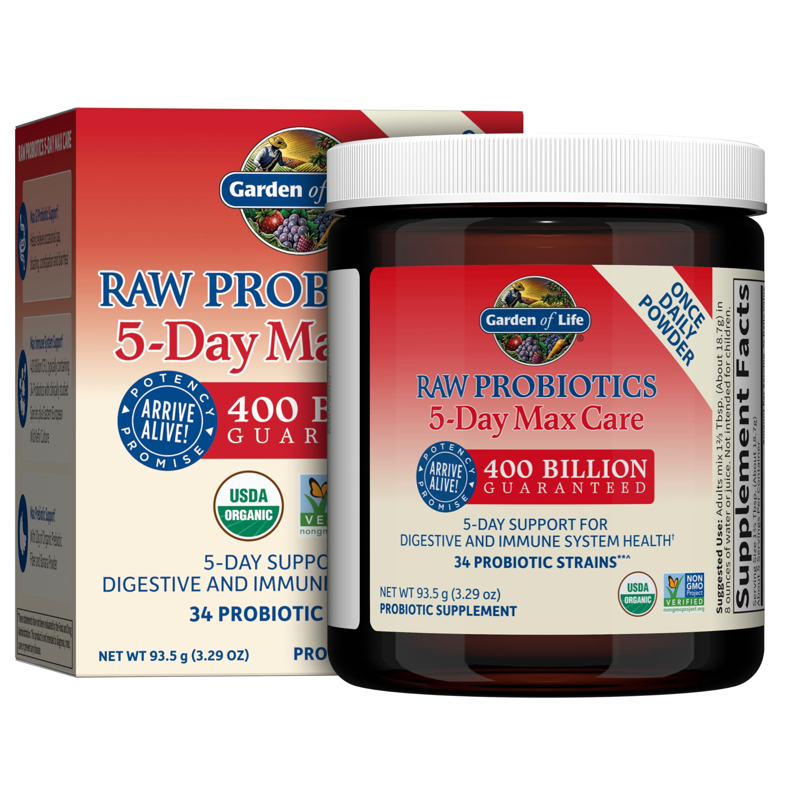 Garden of Life Raw Probiotics 5-Day Max Care, poudre banane, soutien digestif potentiel.
