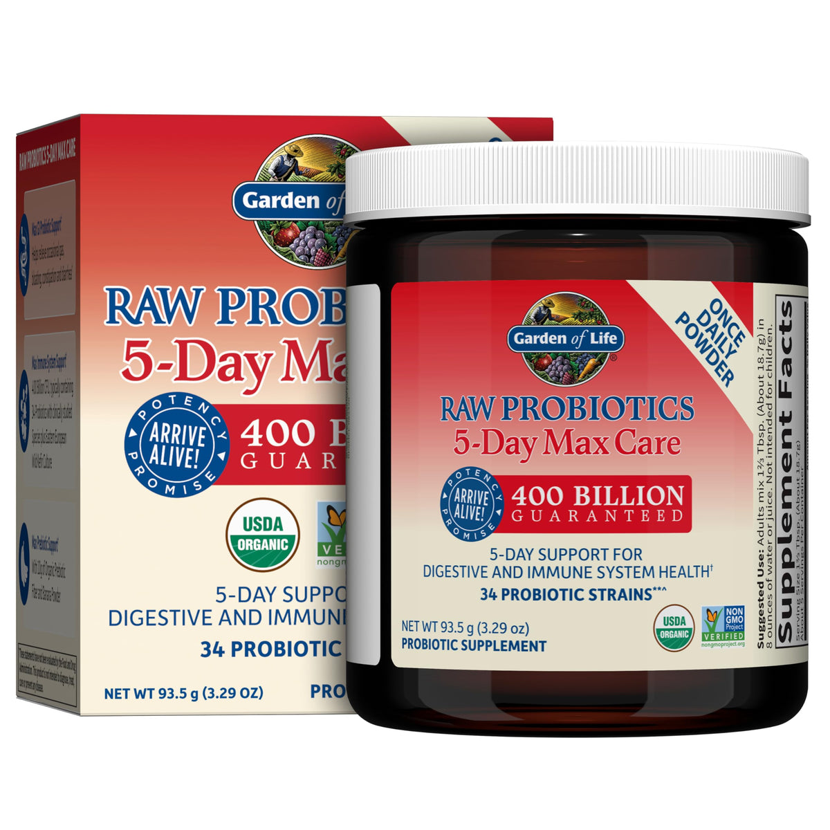 Garden of Life Raw Probiotics 5-Day Max Care, poudre banane, soutien digestif potentiel.