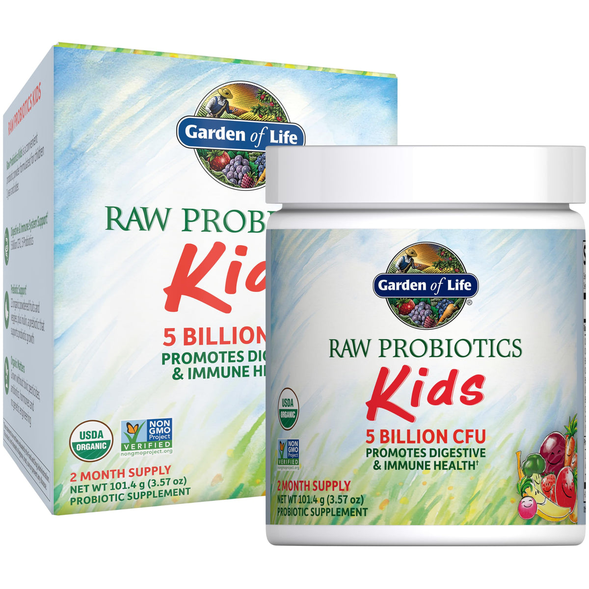 Garden of Life Raw Probiotics Kids, bouteille et versement faciles, soutien digestif pour enfants.