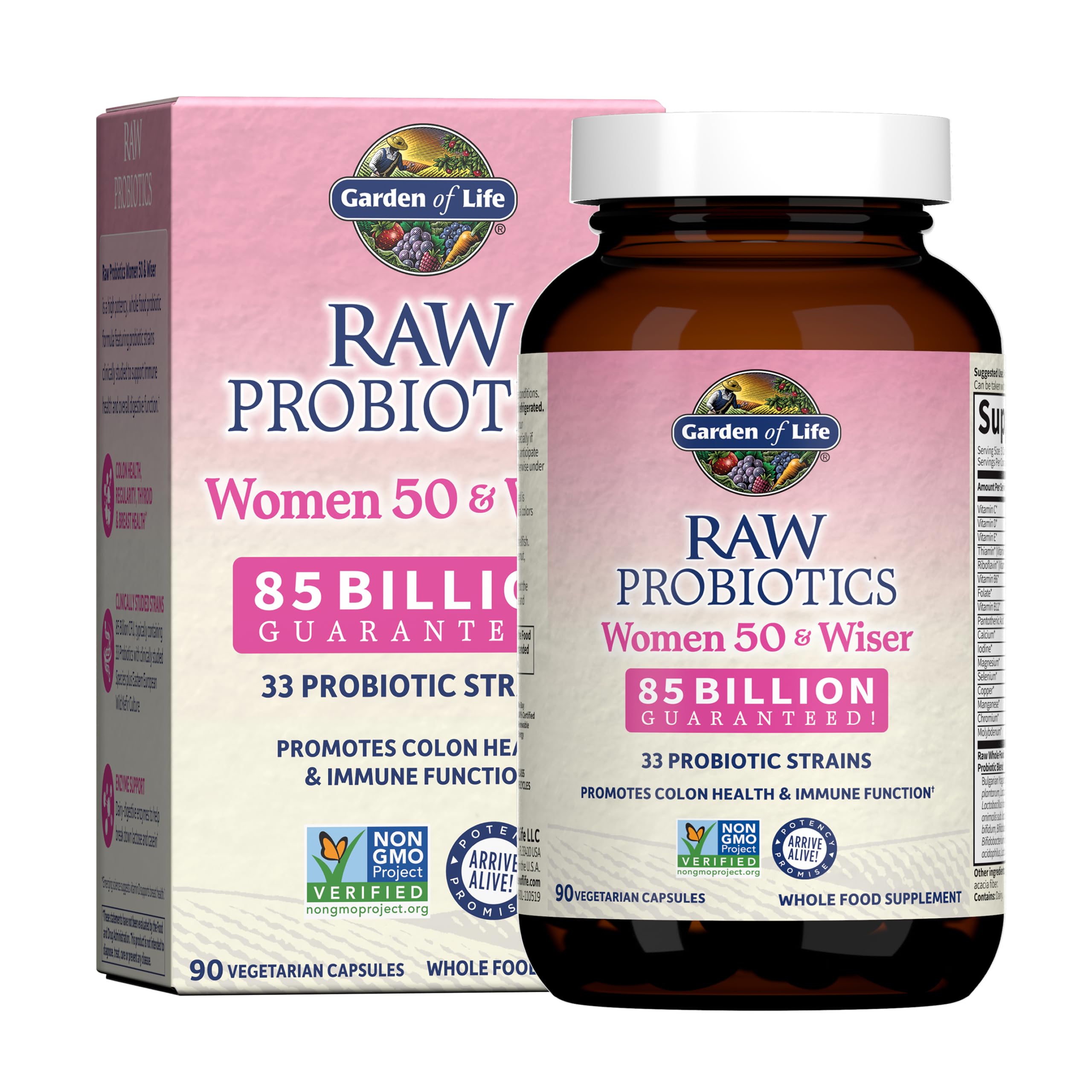Garden of Life Raw Probiotics Women 50 & Wiser, emballage visible, soutien digestif quotidien.