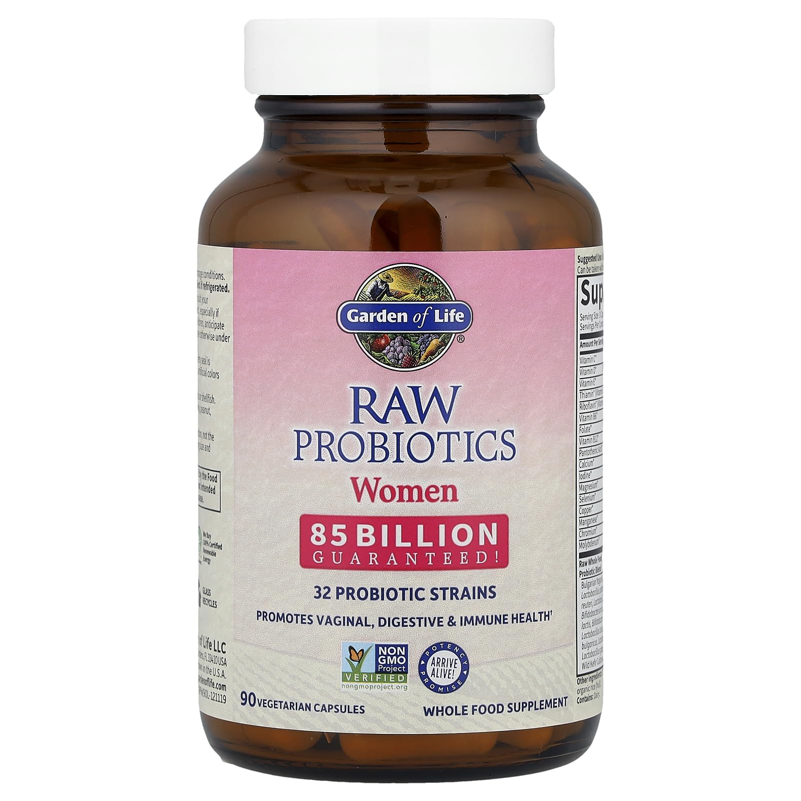 Étiquette claire Garden of Life Raw Probiotics Women sans gluten et sans soja.