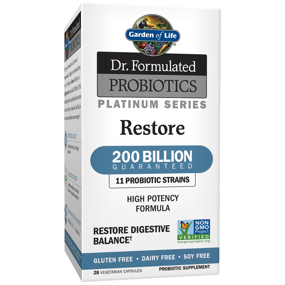 Garden of Life Restore: bouteille de capsules avec 200 milliards CFU pour l'équilibre intestinal.