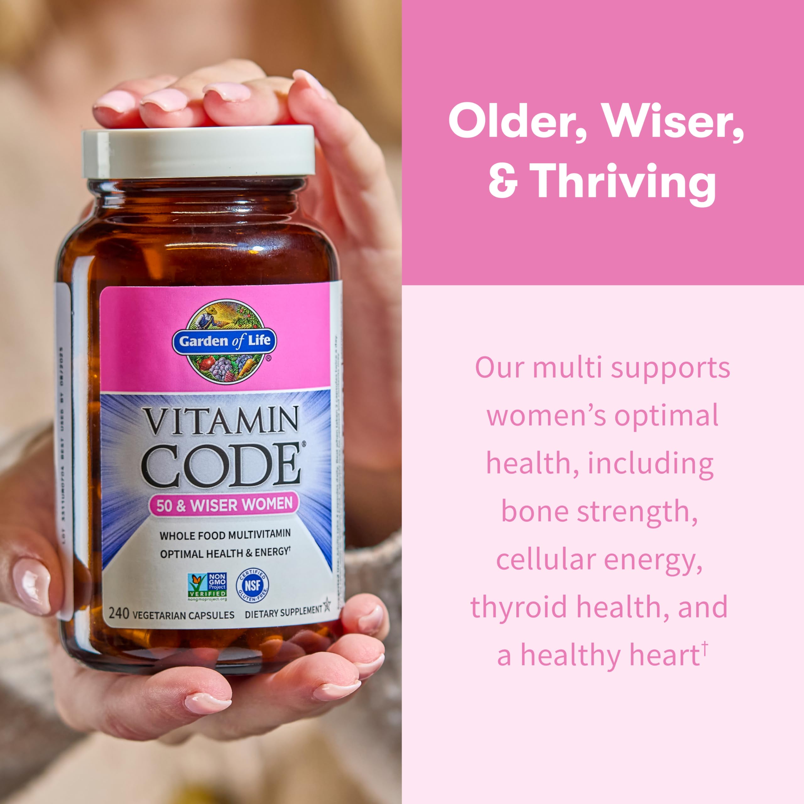 Garden of Life Vitamin Code 50+ Women, bouchon fermé, produit sans OGM et sans additifs.