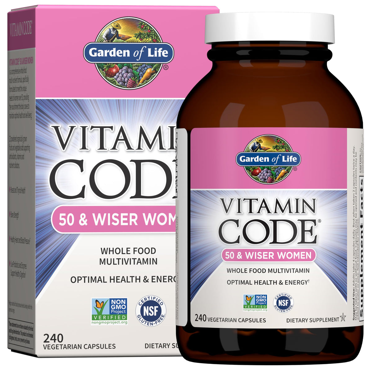 Garden of Life Vitamin Code 50+ Women, bouteille avec gélules, soutien santé féminine et énergie durable.