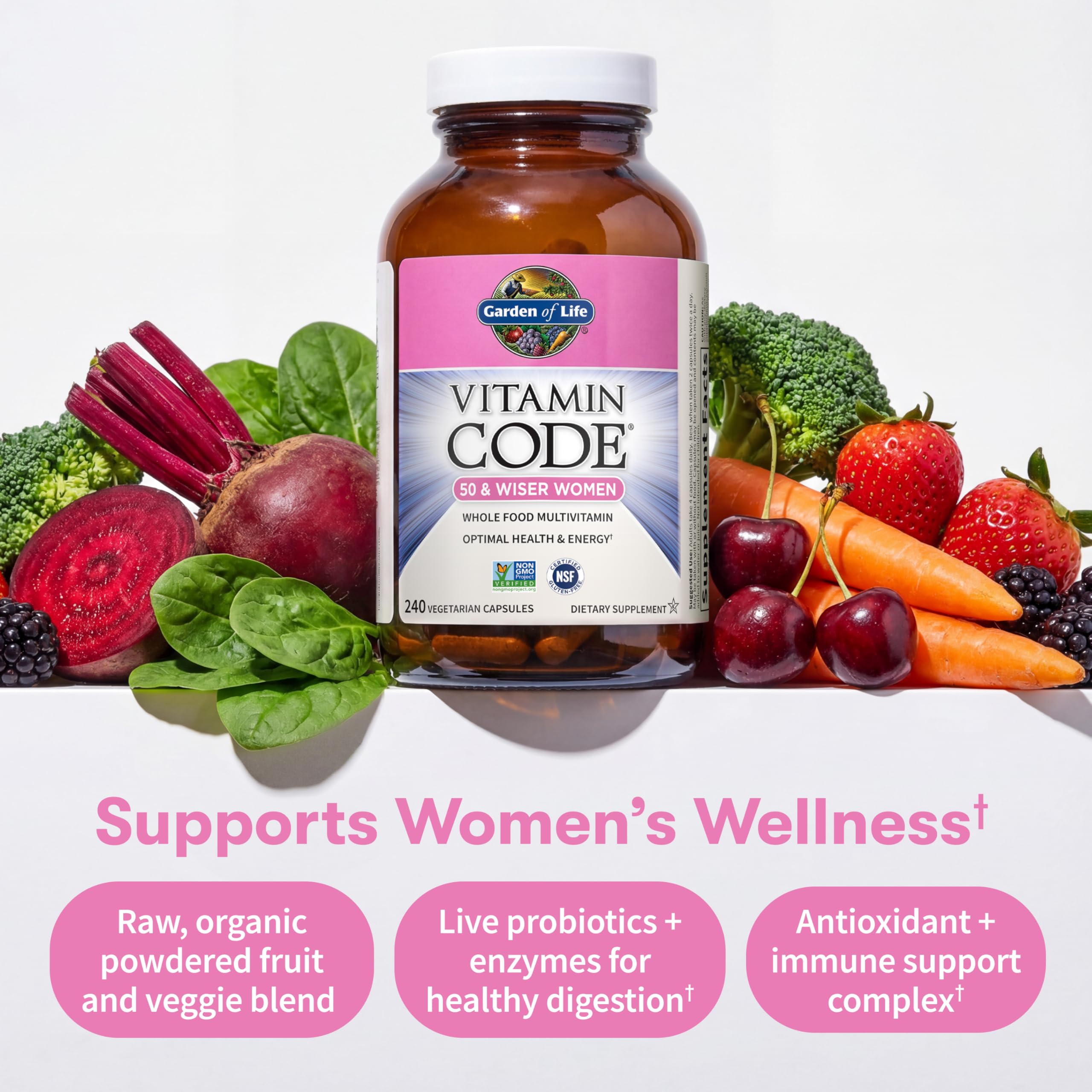 Garden of Life Vitamin Code 50+ Women, probiotiques et enzymes, aide à la digestion quotidienne.