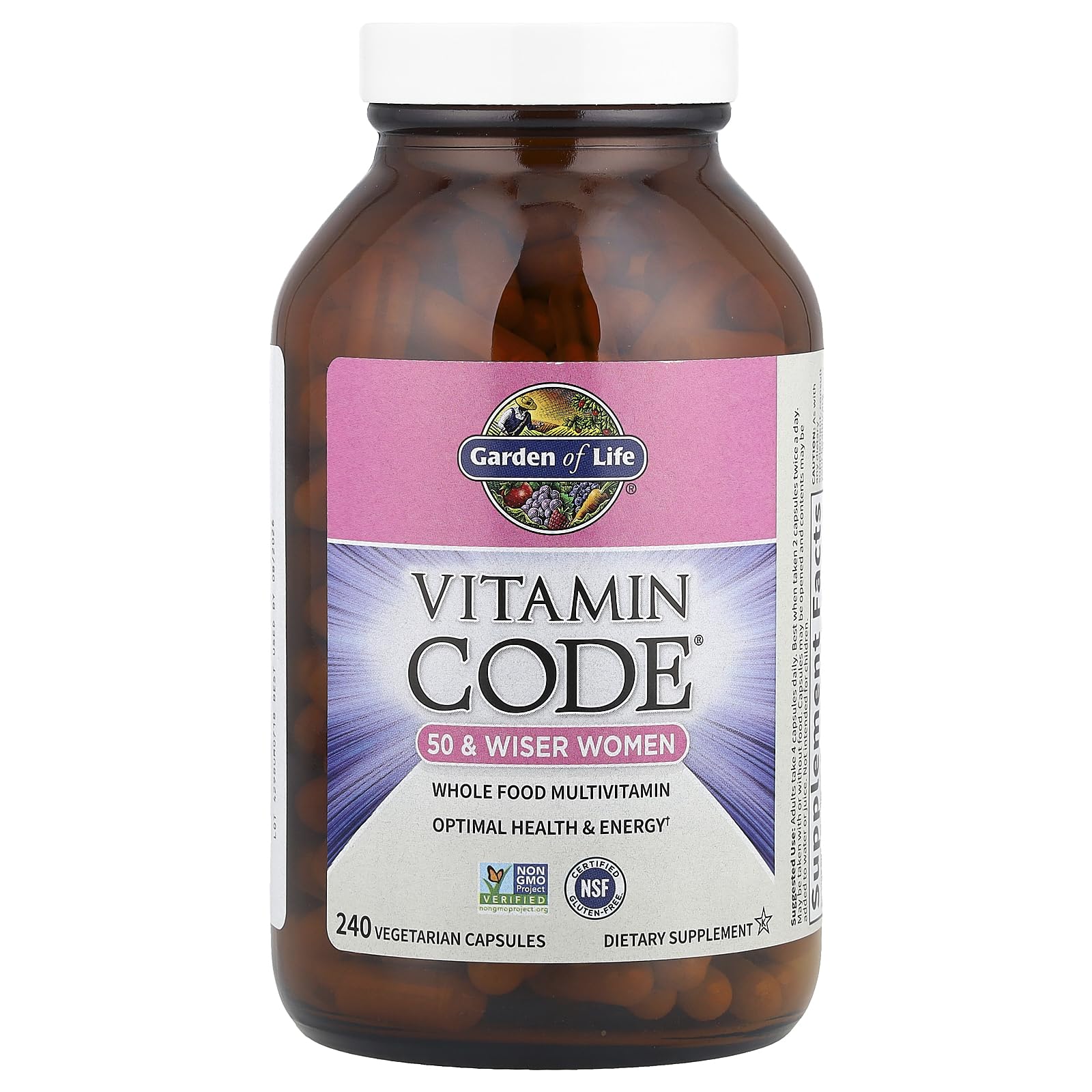 Garden of Life Vitamin Code 50+ Women, tableau ingrédients, fruits et légumes crus inclus.