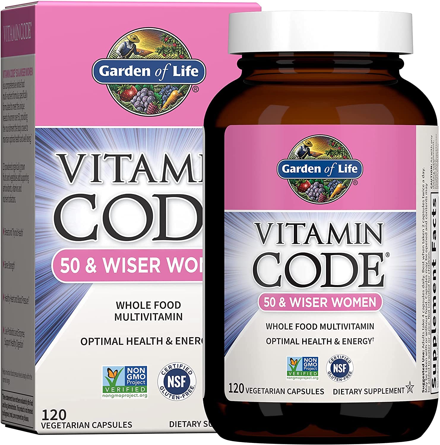 Garden of Life Vitamin Code pour femmes 50+ – flacon avec capsules et utilisation quotidienne.