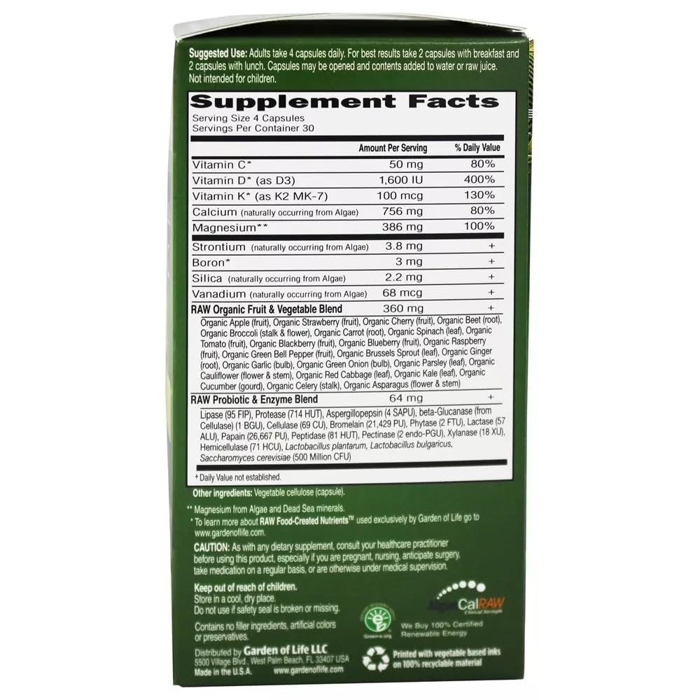 Garden of Life Vitamin Code RAW Calcium : etiquette affichant ingrédients naturels et non-OGM