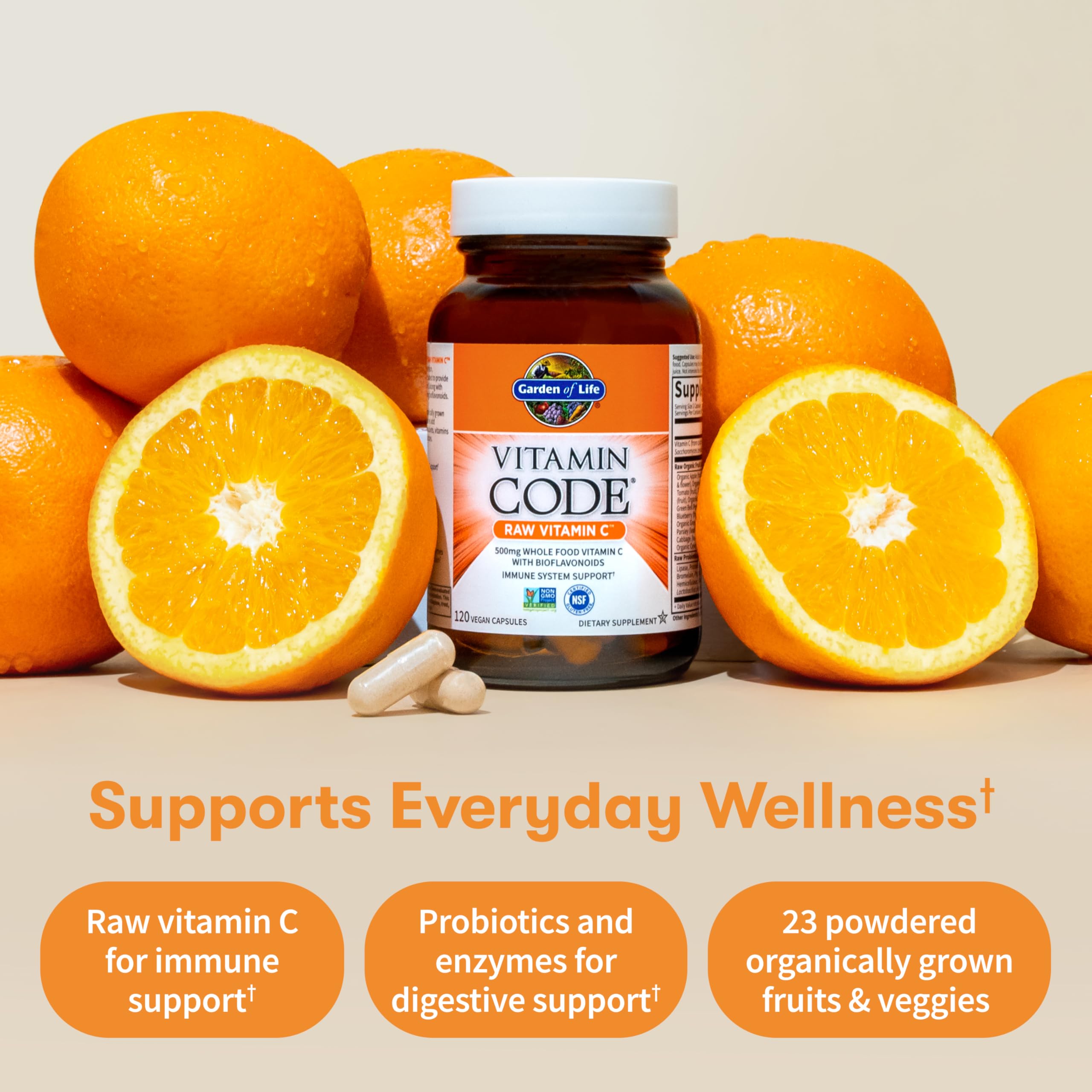 Garden of Life vitamine C crue, formulation respectueuse de la chaleur et sans liants.
